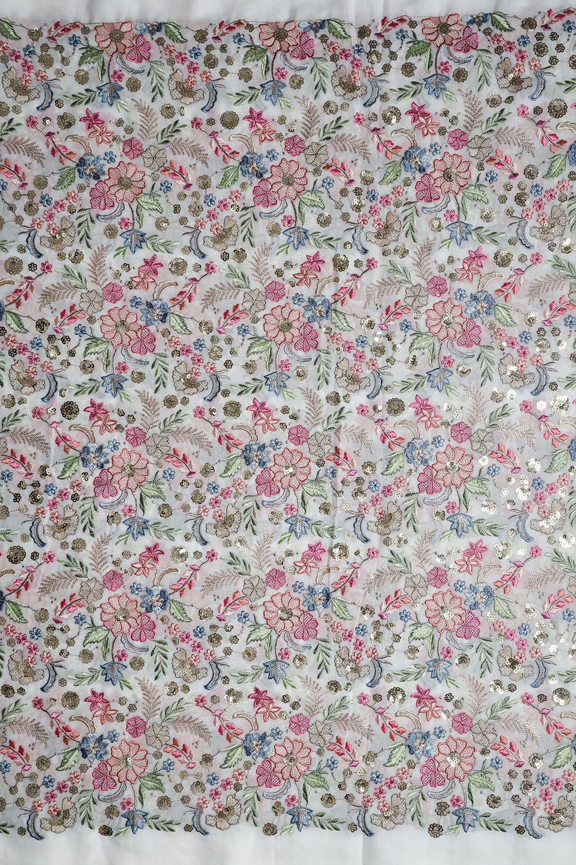 doeraa Embroidery Fabrics 1.50 Meter Cut Piece Of Delightful Pastel Thread With Gold Sequins Heavy Floral Embroidery On White Viscose Georgette Fabric