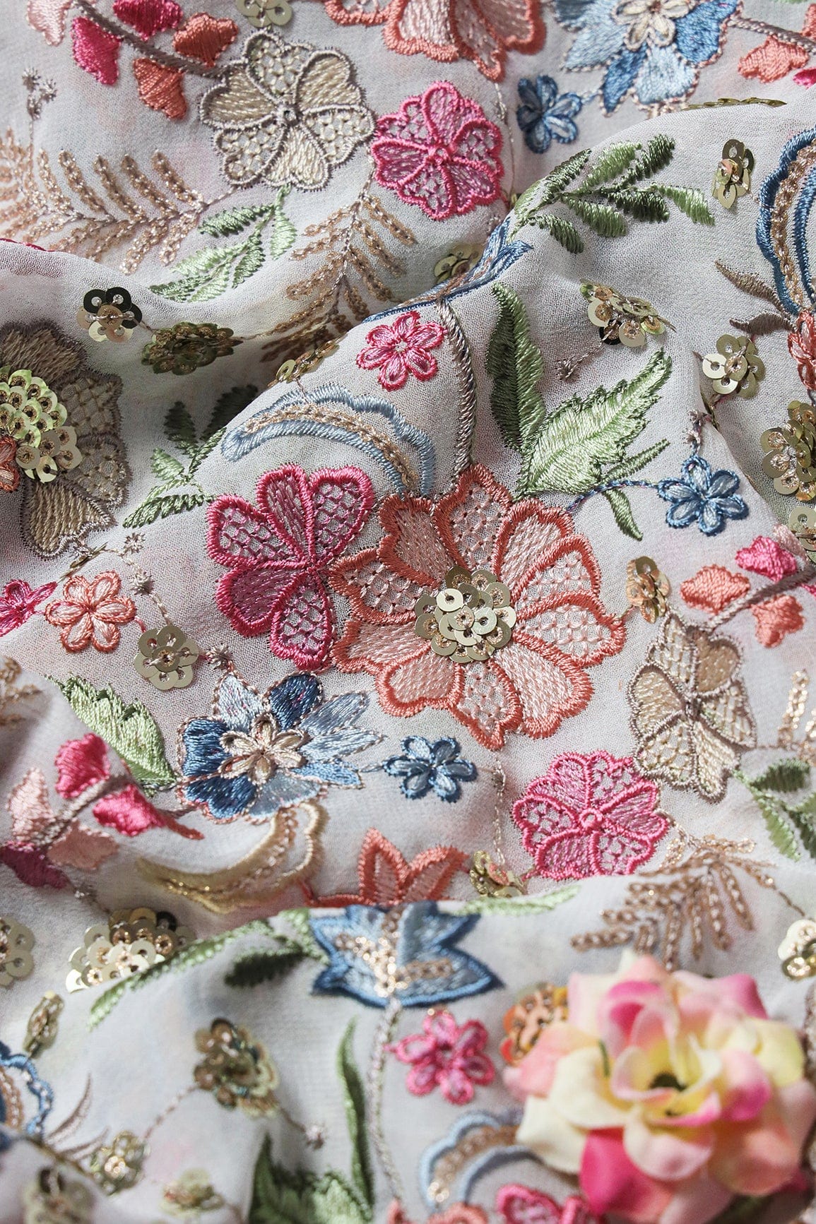 doeraa Embroidery Fabrics 1.50 Meter Cut Piece Of Delightful Pastel Thread With Gold Sequins Heavy Floral Embroidery On White Viscose Georgette Fabric