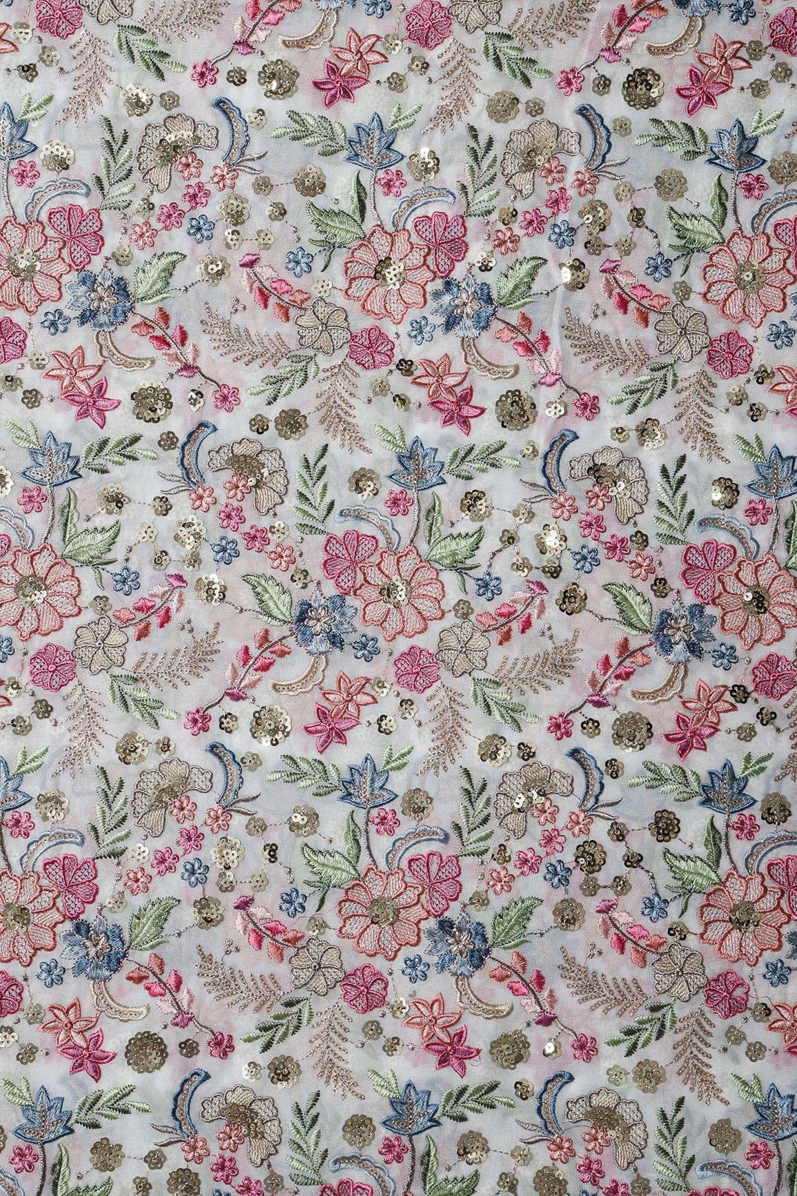 doeraa Embroidery Fabrics 1.50 Meter Cut Piece Of Delightful Pastel Thread With Gold Sequins Heavy Floral Embroidery On White Viscose Georgette Fabric