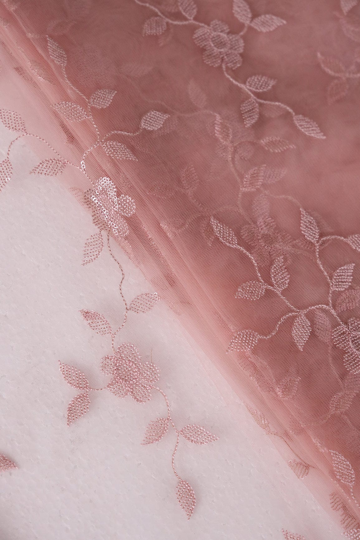 doeraa Embroidery Fabrics 1 Meter Cut Piece Of Light Pink Thread With Silver Sequins Floral Embroidery Work On Light Pink Soft Net Fabric
