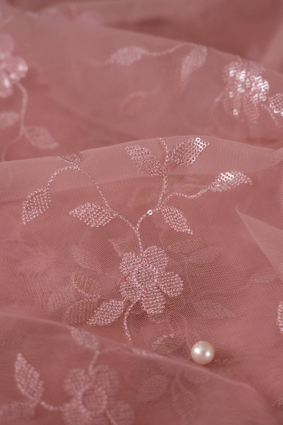 doeraa Embroidery Fabrics 1 Meter Cut Piece Of Light Pink Thread With Silver Sequins Floral Embroidery Work On Light Pink Soft Net Fabric