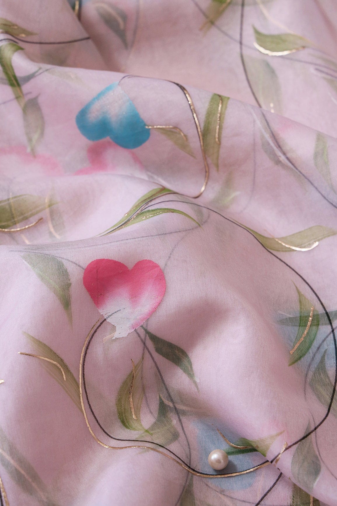 doeraa Embroidery Fabrics Beautiful Floral Hand Painted With Foil Work On Pink Organza Fabric