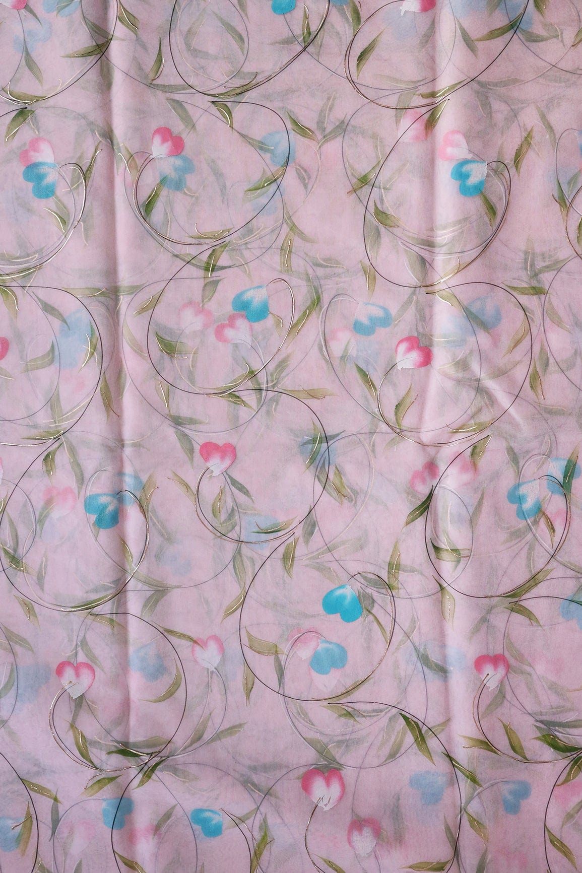 doeraa Embroidery Fabrics Beautiful Floral Hand Painted With Foil Work On Pink Organza Fabric