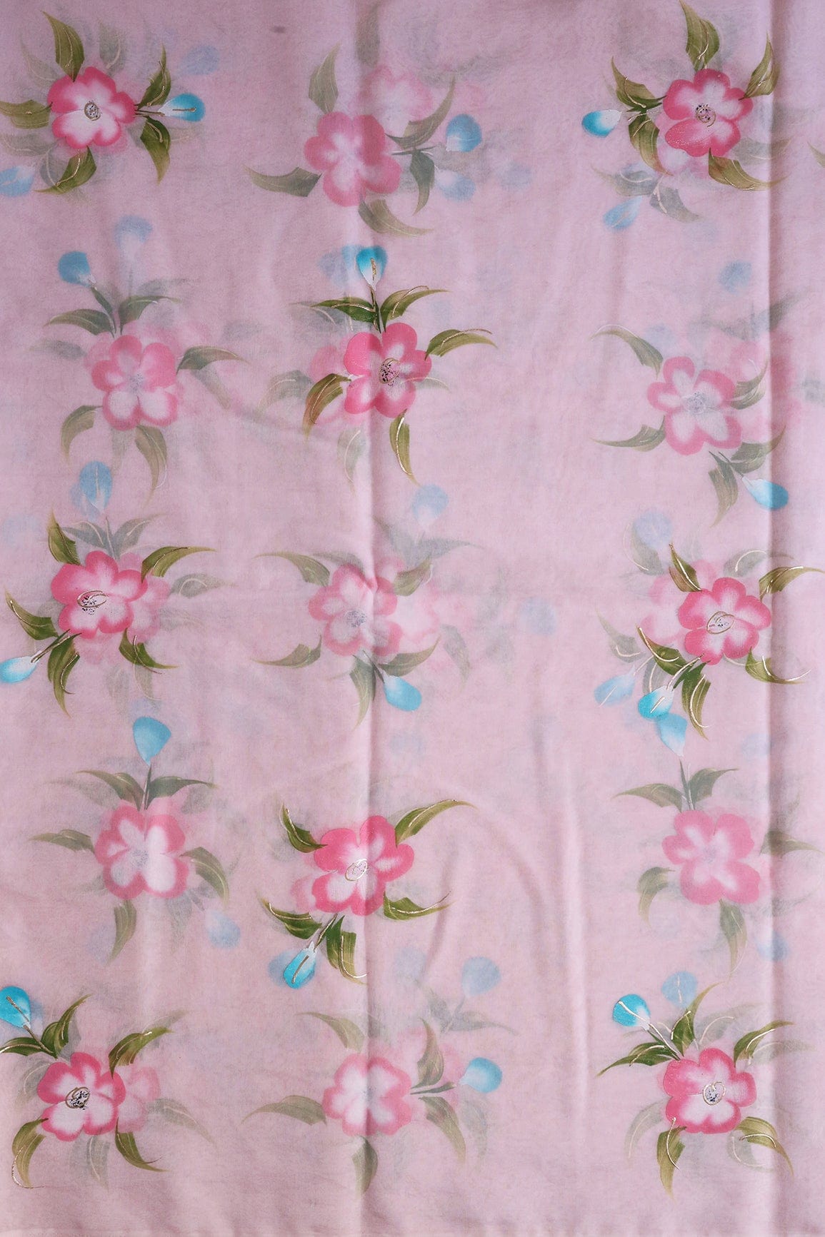 doeraa Embroidery Fabrics Beautiful Floral Hand Painted With Foil Work On Pink Organza Fabric