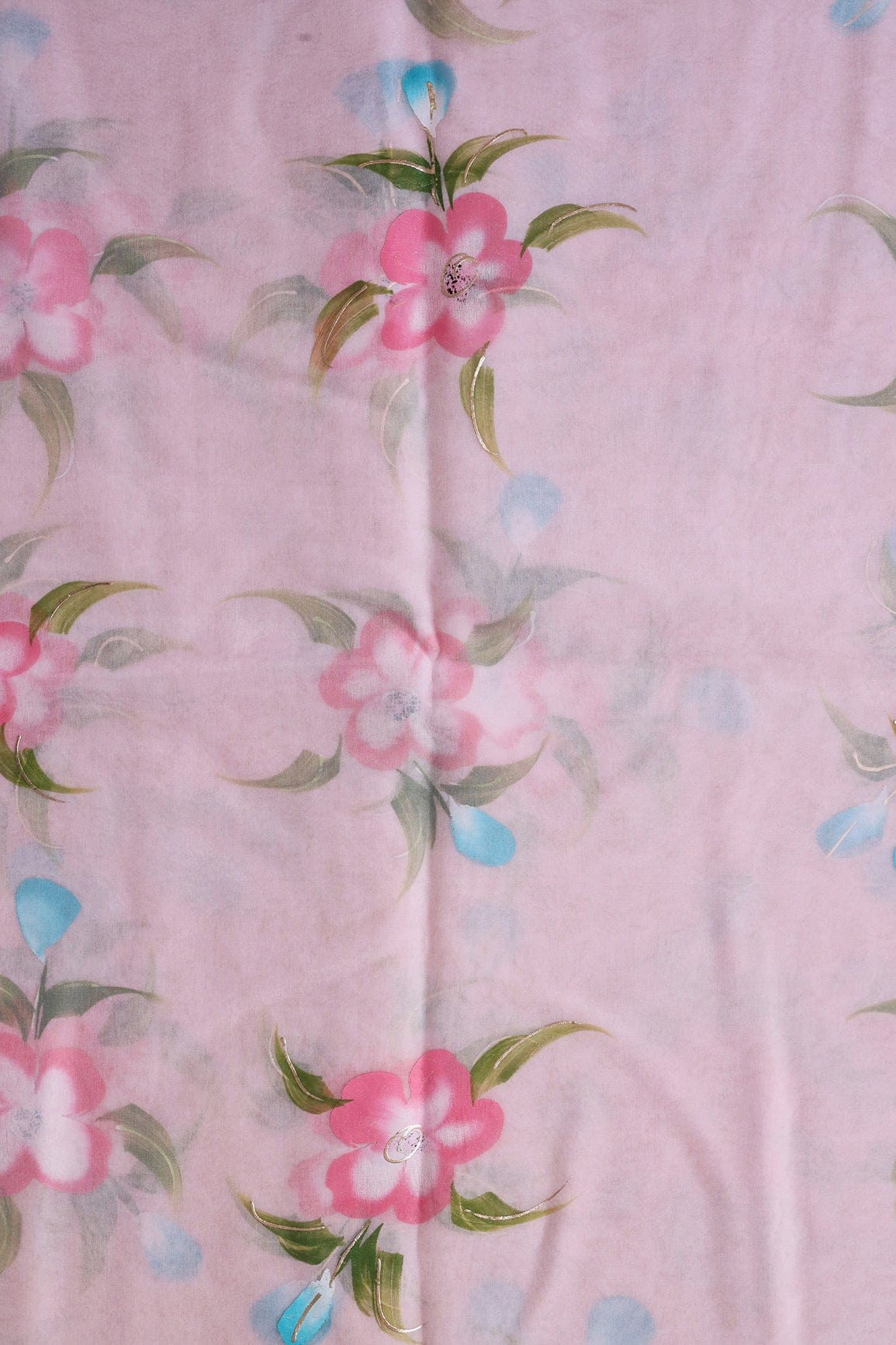 doeraa Embroidery Fabrics Beautiful Floral Hand Painted With Foil Work On Pink Organza Fabric