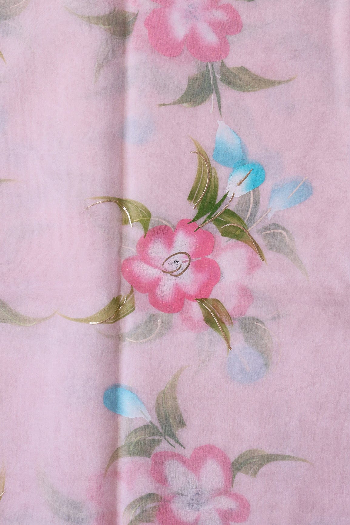 doeraa Embroidery Fabrics Beautiful Floral Hand Painted With Foil Work On Pink Organza Fabric