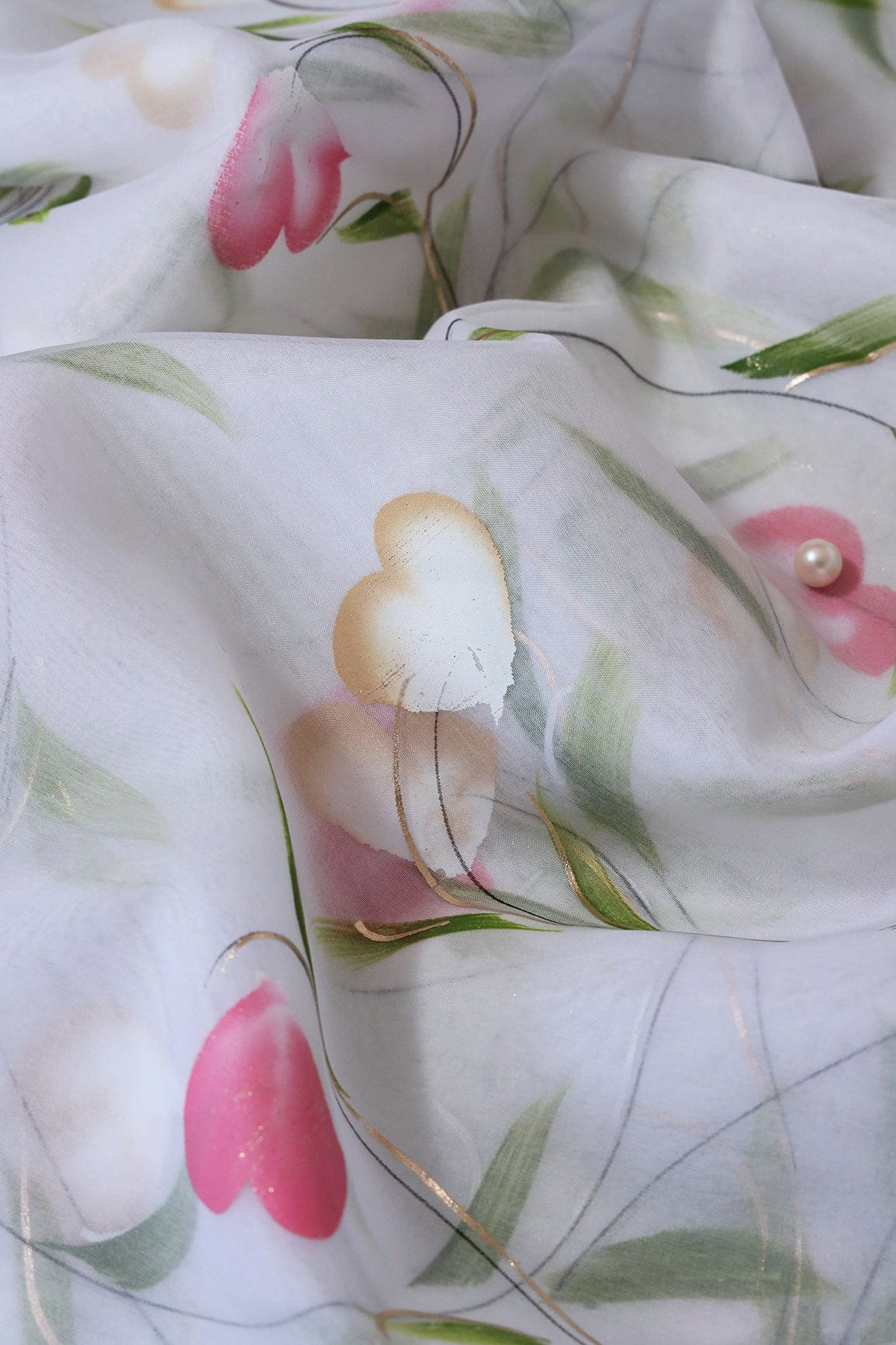 doeraa Embroidery Fabrics Beautiful Floral Hand Painted With Foil Work On White Organza Fabric