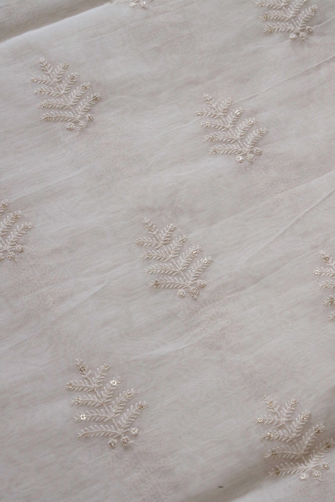 doeraa Embroidery Fabrics Beautiful Gold Sequins With Leafy Embroidery On Cream Pure Chanderi Silk Fabric
