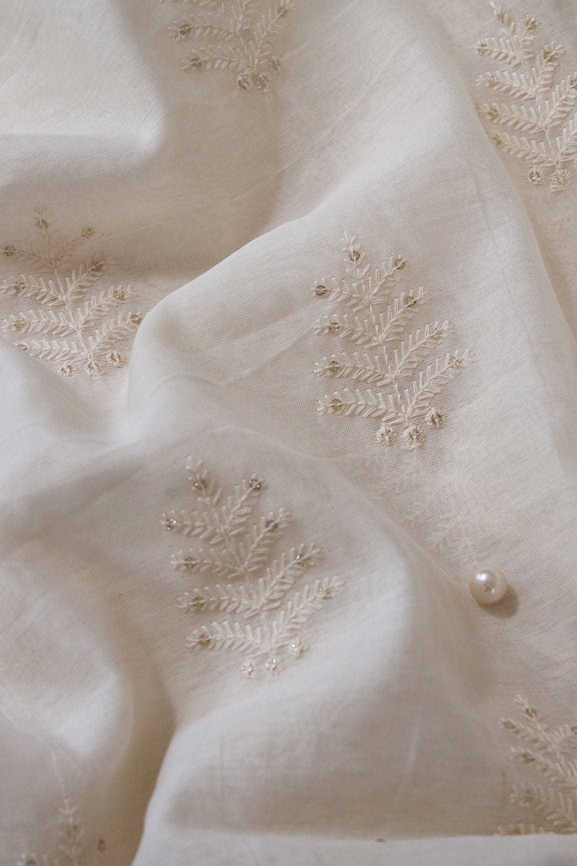 doeraa Embroidery Fabrics Beautiful Gold Sequins With Leafy Embroidery On Cream Pure Chanderi Silk Fabric