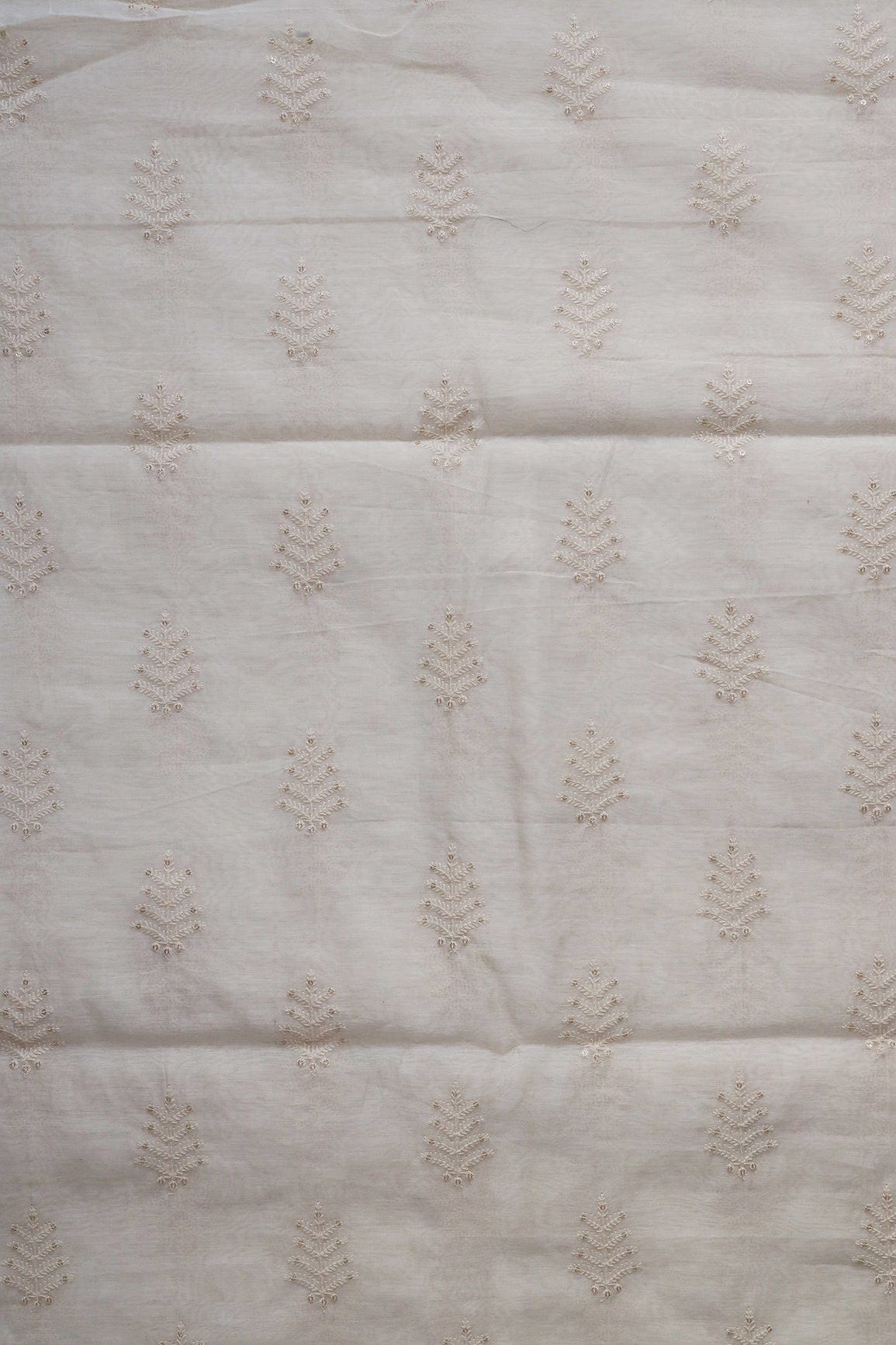 doeraa Embroidery Fabrics Beautiful Gold Sequins With Leafy Embroidery On Cream Pure Chanderi Silk Fabric