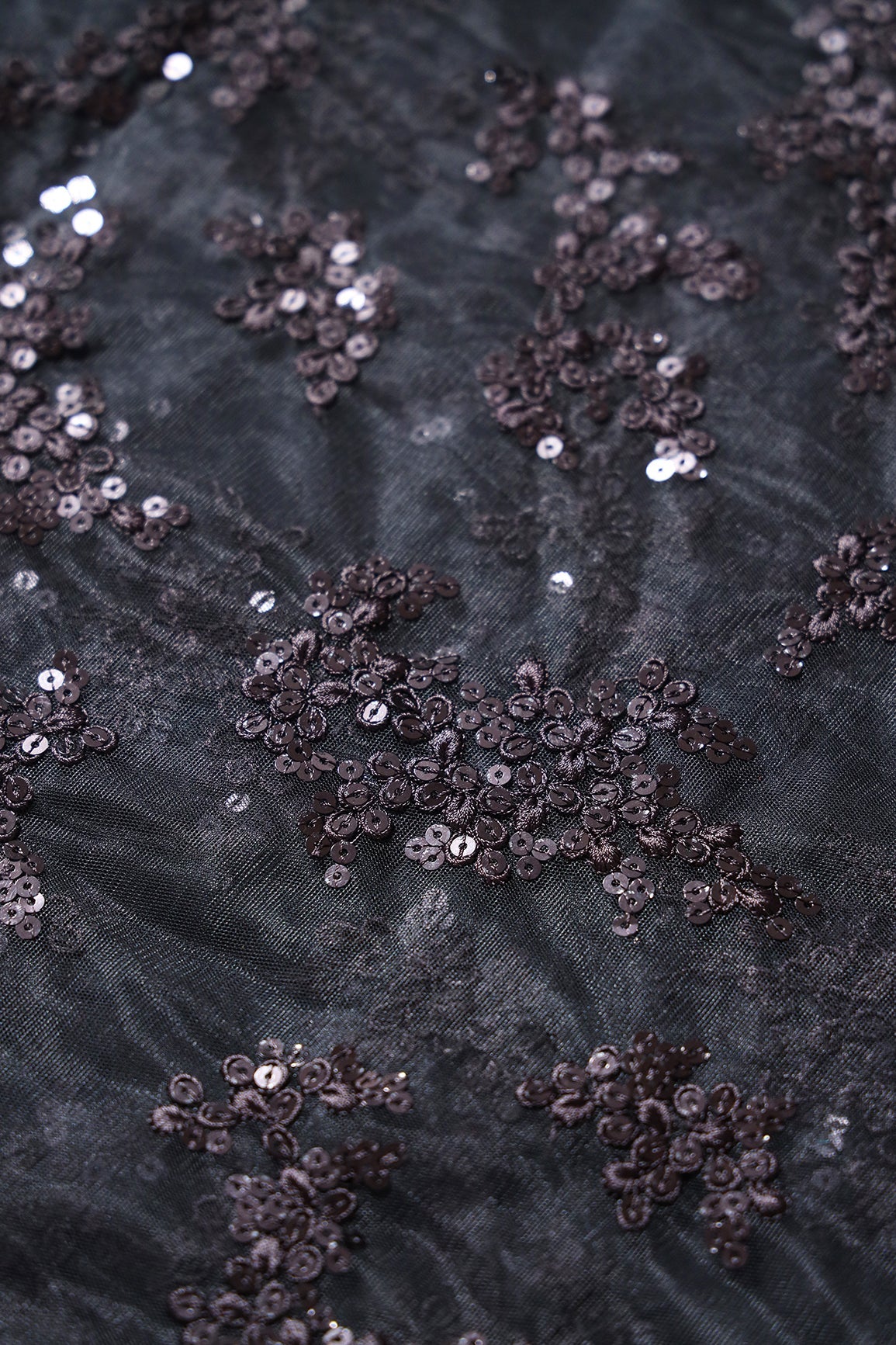 Exclusive Black Thread With Sequins Abstract Embroidery Work On Black Soft Net Fabric - doeraa