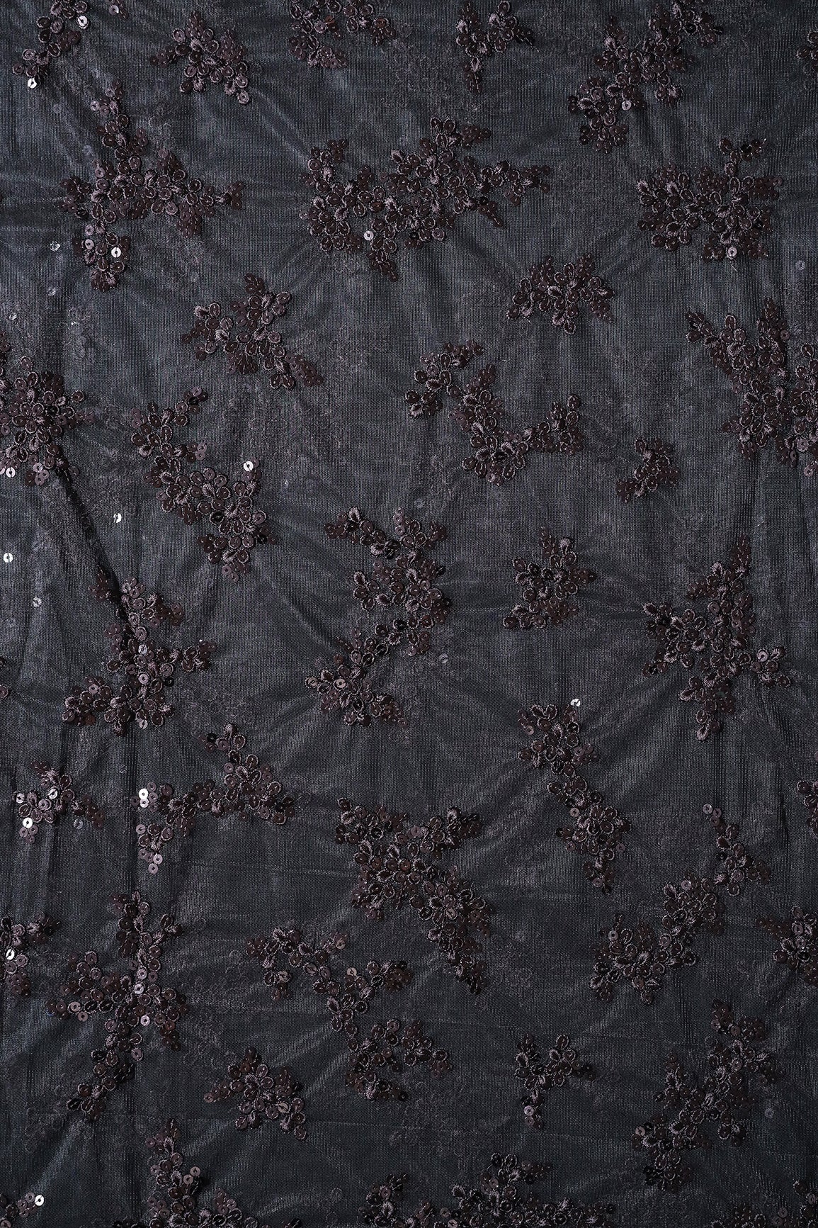 Exclusive Black Thread With Sequins Abstract Embroidery Work On Black Soft Net Fabric - doeraa
