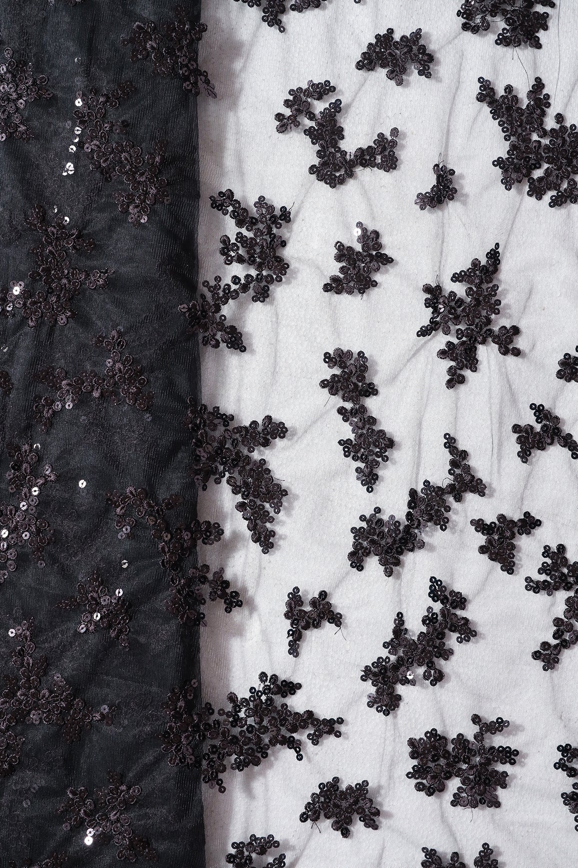 Exclusive Black Thread With Sequins Abstract Embroidery Work On Black Soft Net Fabric - doeraa