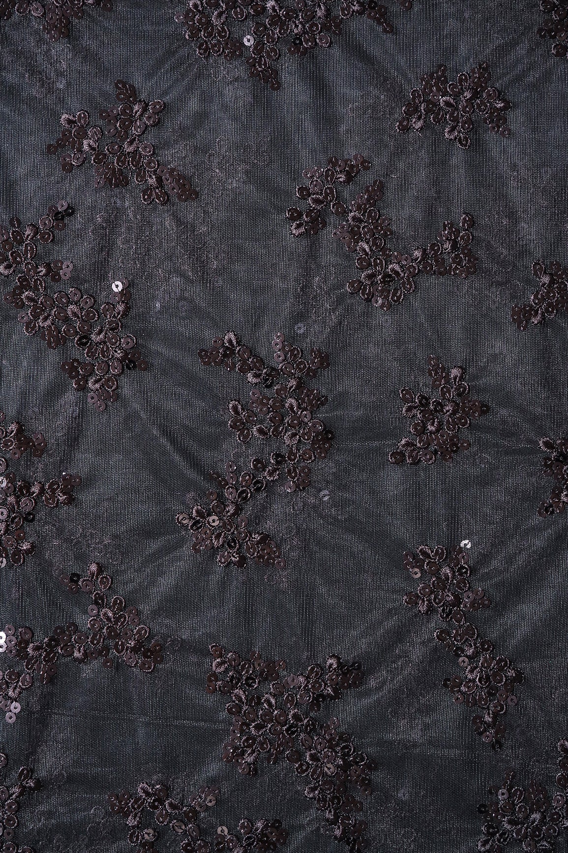 Exclusive Black Thread With Sequins Abstract Embroidery Work On Black Soft Net Fabric - doeraa