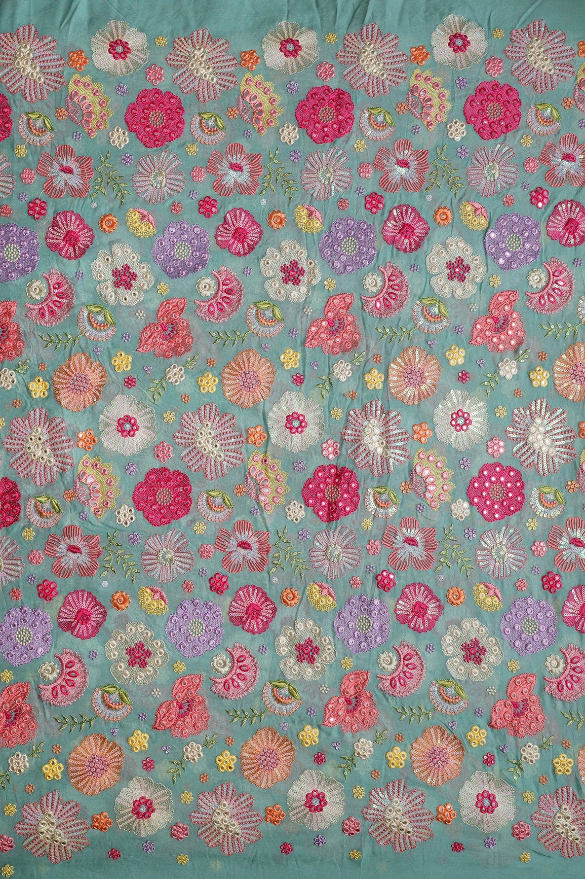 Exclusive Floral Designer Embroidery With Faux Mirror On Teal Viscose Georgette Fabric - doeraa
