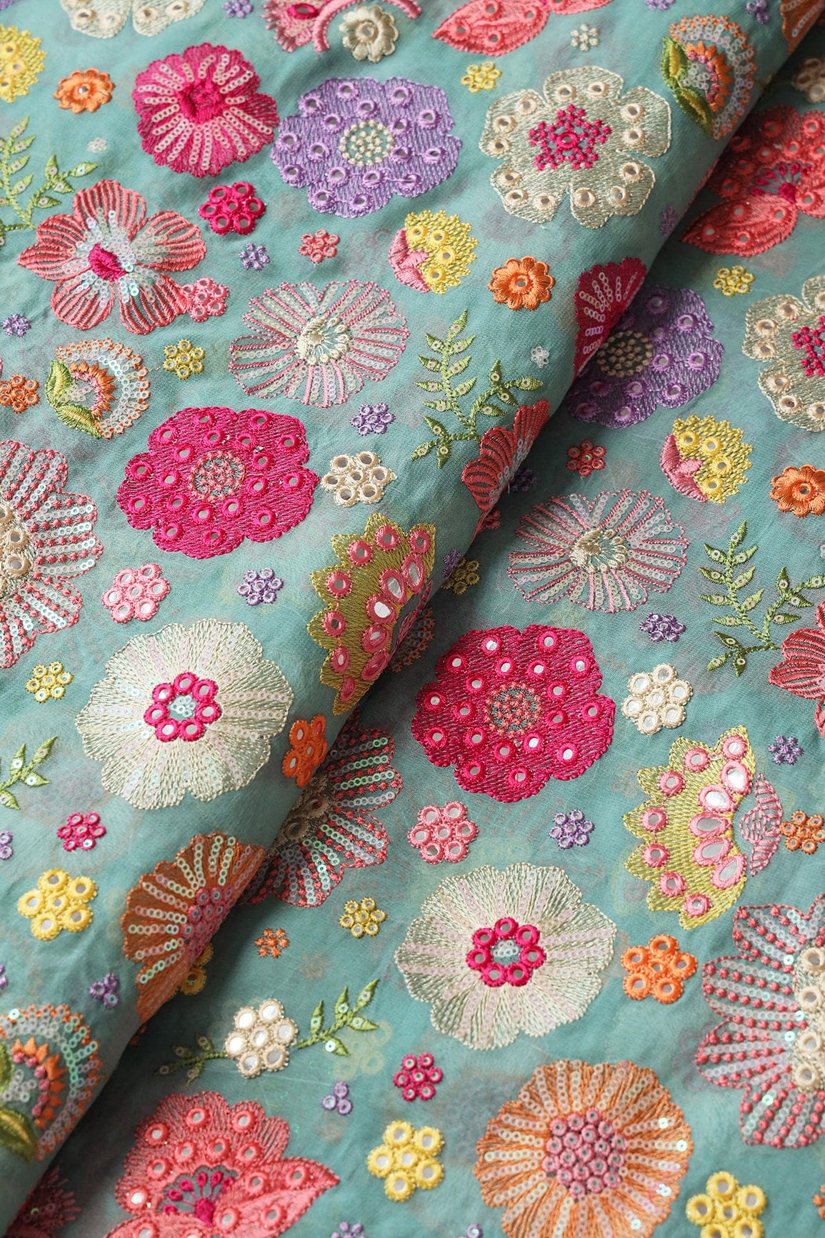 Exclusive Floral Designer Embroidery With Faux Mirror On Teal Viscose Georgette Fabric - doeraa