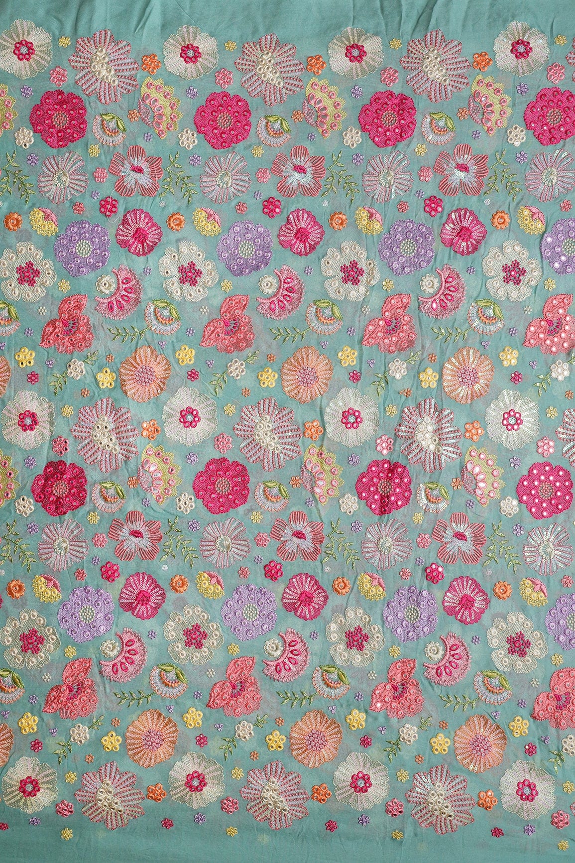 Exclusive Floral Designer Embroidery With Faux Mirror On Teal Viscose Georgette Fabric - doeraa