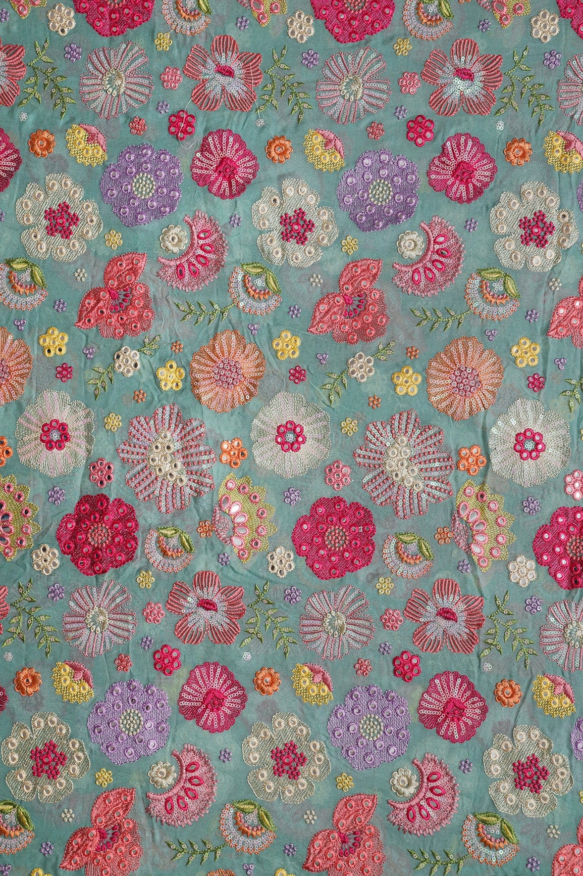 Exclusive Floral Designer Embroidery With Faux Mirror On Teal Viscose Georgette Fabric - doeraa