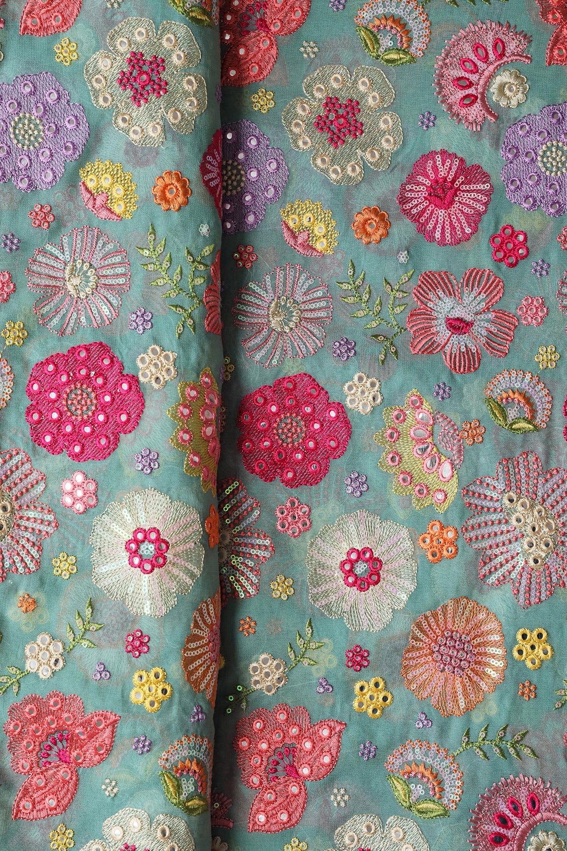 Exclusive Floral Designer Embroidery With Faux Mirror On Teal Viscose Georgette Fabric - doeraa