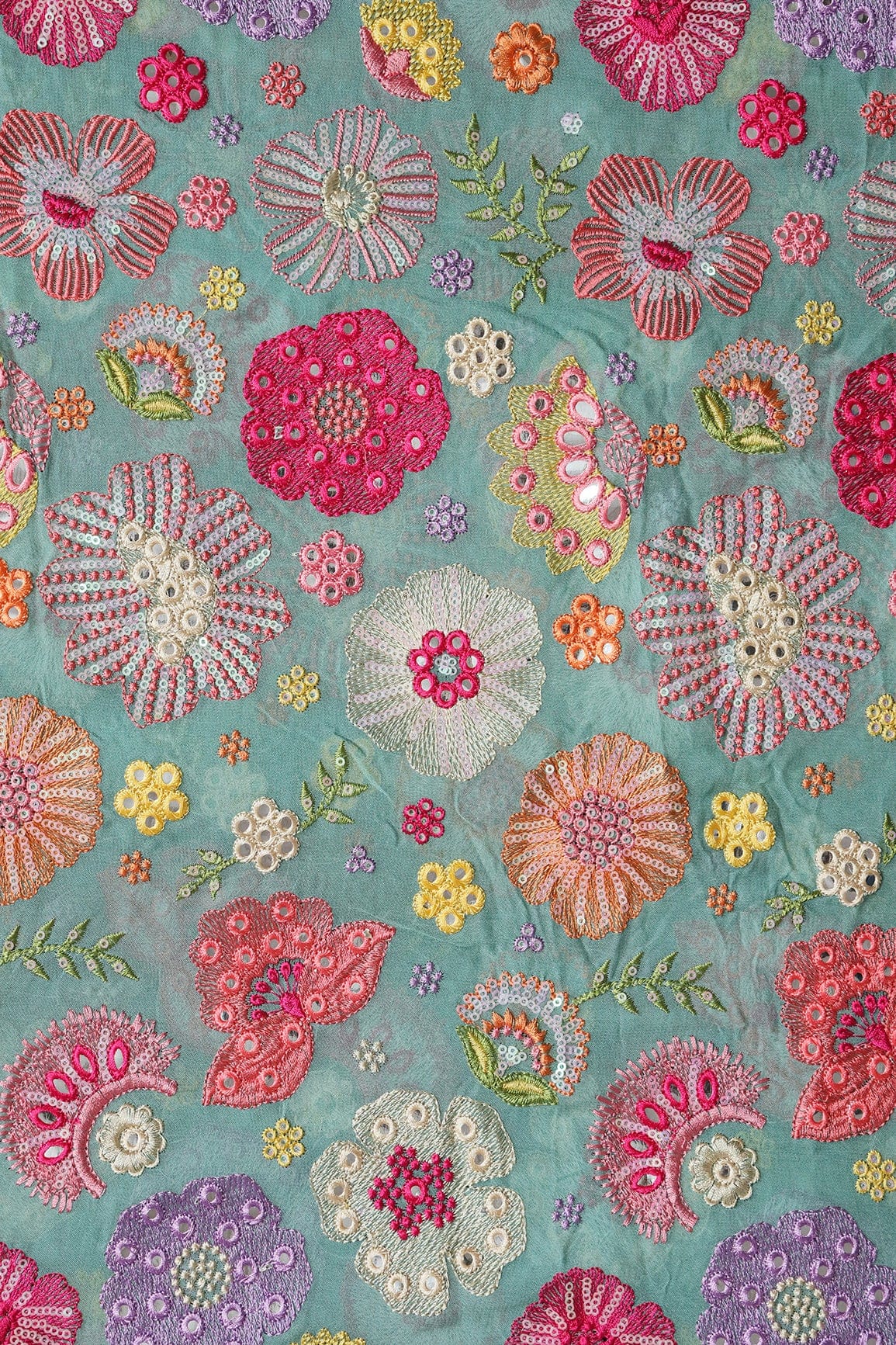 Exclusive Floral Designer Embroidery With Faux Mirror On Teal Viscose Georgette Fabric - doeraa
