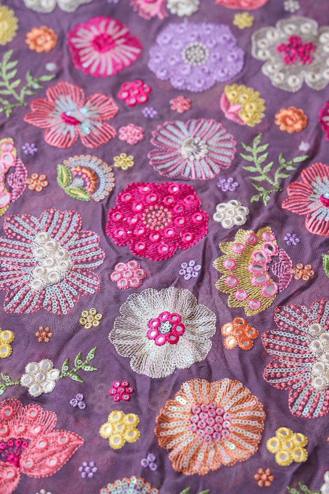 Exclusive Floral Designer Embroidery With Faux Mirror On Viola Purple Viscose Georgette Fabric - doeraa