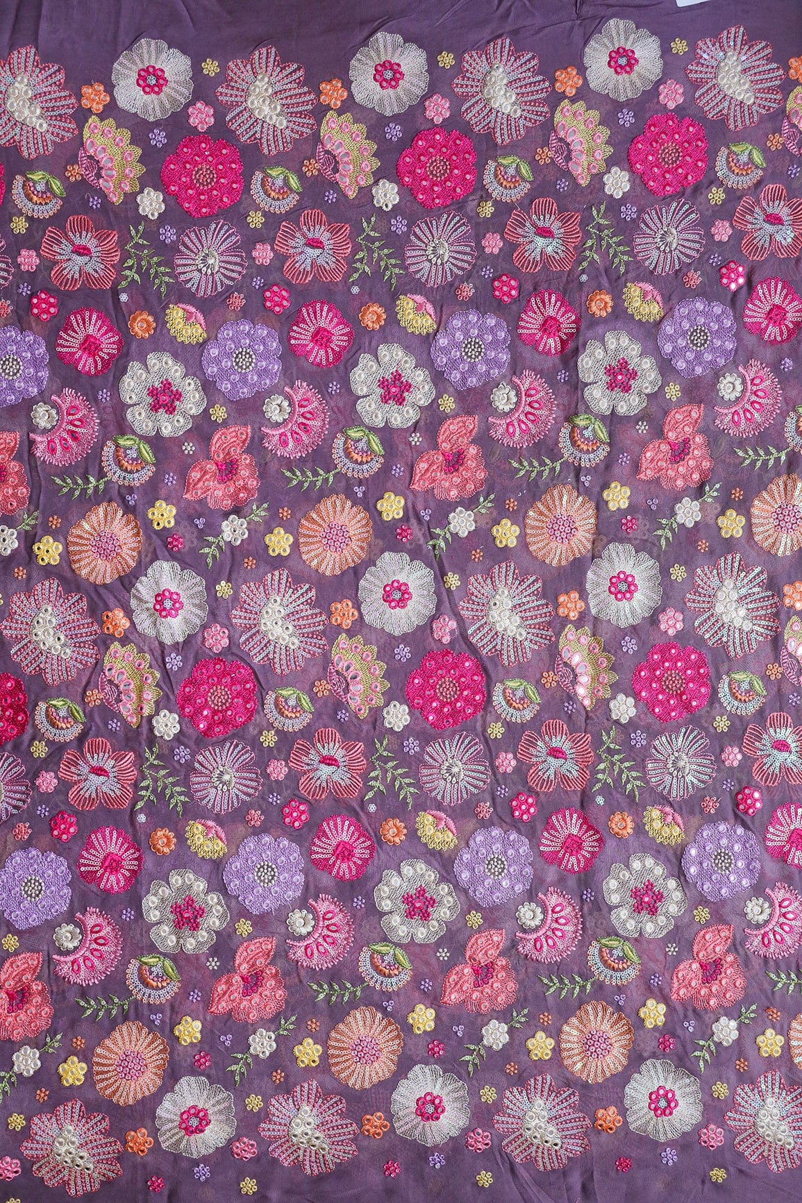 Exclusive Floral Designer Embroidery With Faux Mirror On Viola Purple Viscose Georgette Fabric - doeraa
