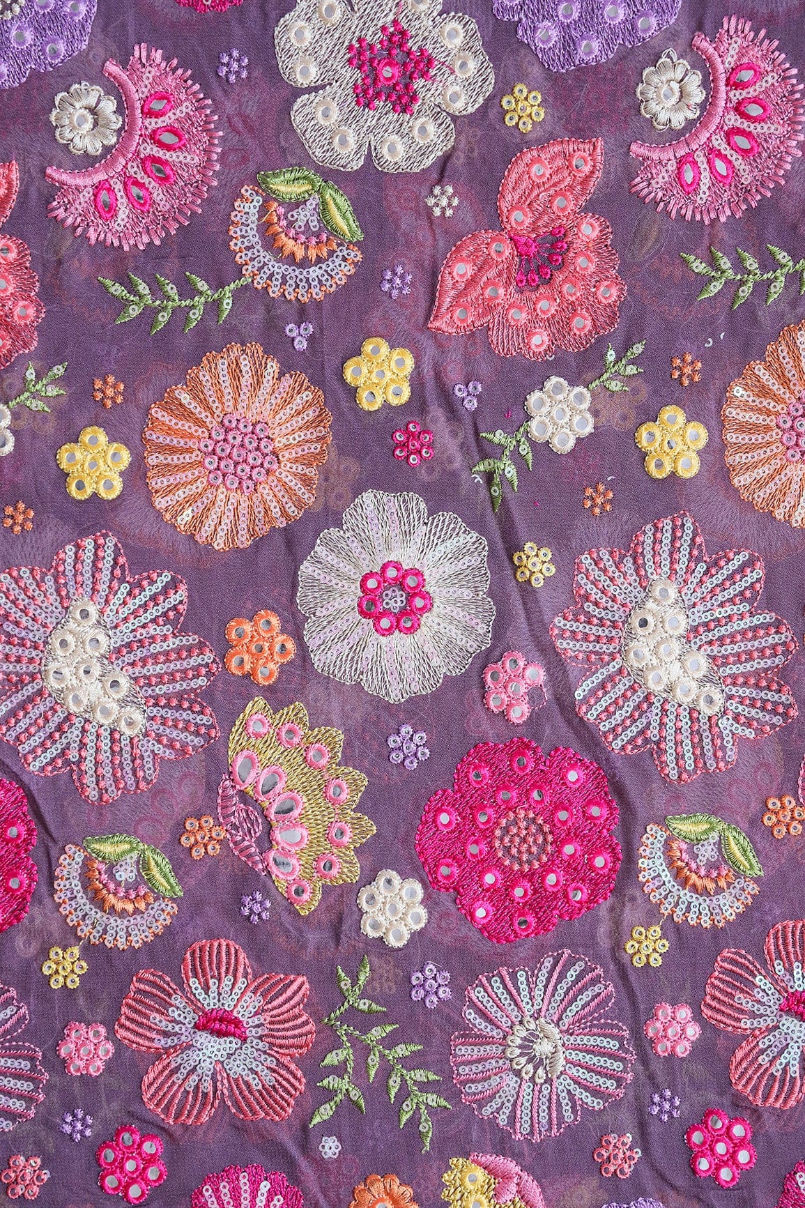 Exclusive Floral Designer Embroidery With Faux Mirror On Viola Purple Viscose Georgette Fabric - doeraa