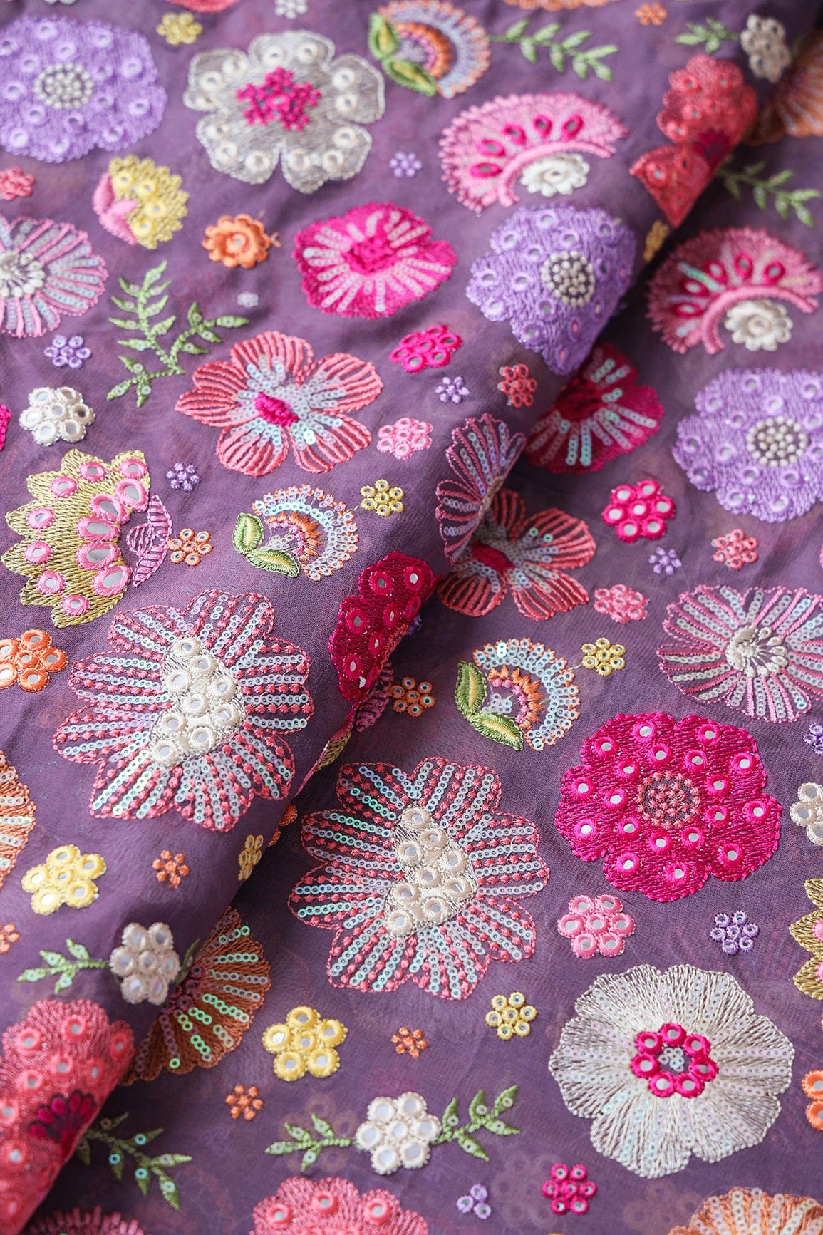Exclusive Floral Designer Embroidery With Faux Mirror On Viola Purple Viscose Georgette Fabric - doeraa