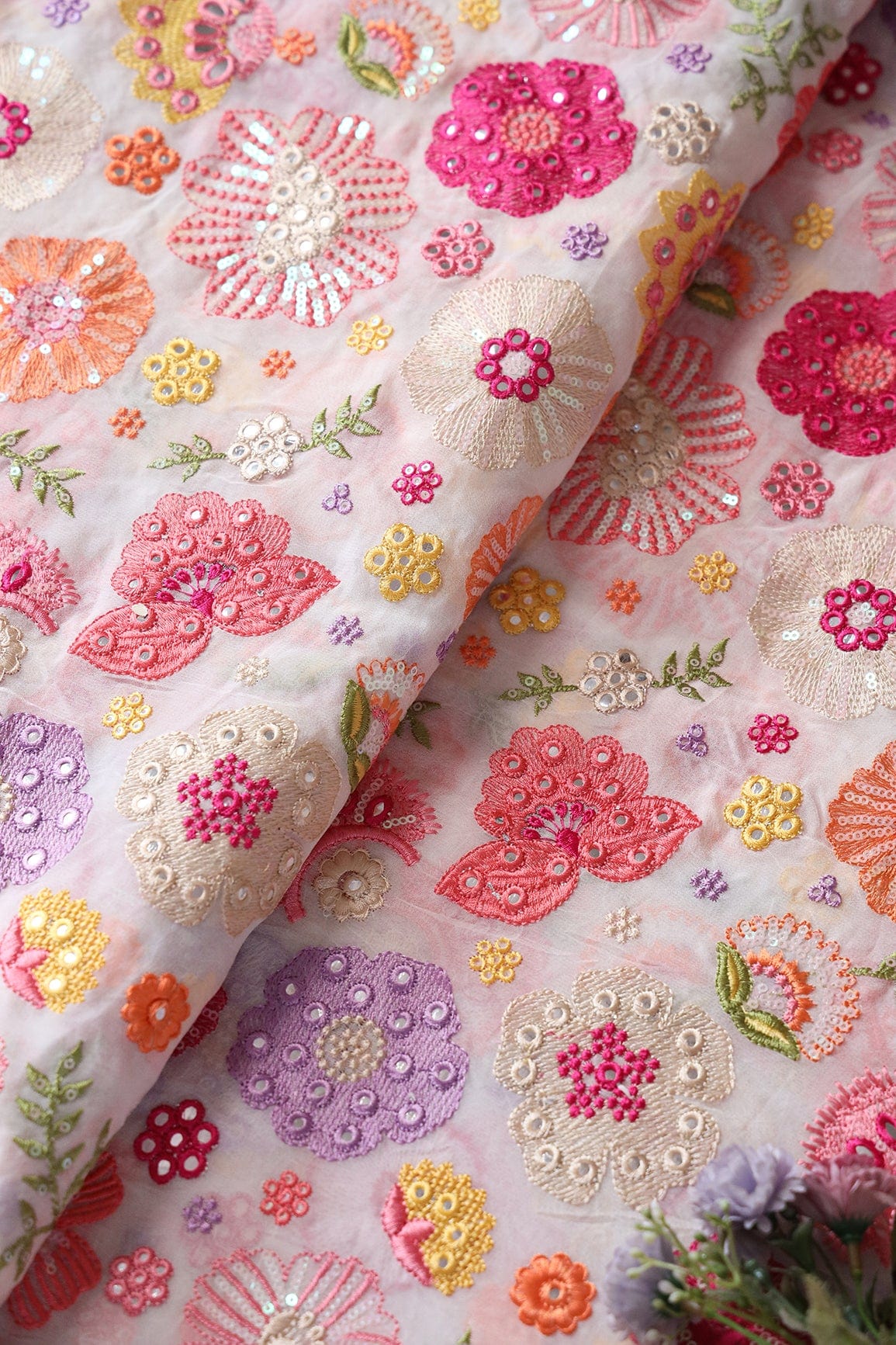 Exclusive Floral Designer Embroidery With Faux Mirror On White Viscose Georgette Fabric - doeraa