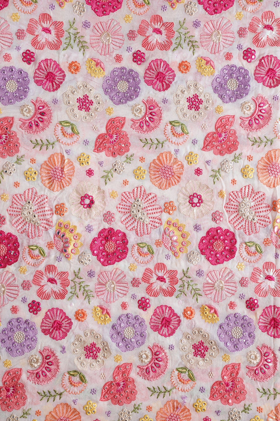 Exclusive Floral Designer Embroidery With Faux Mirror On White Viscose Georgette Fabric - doeraa