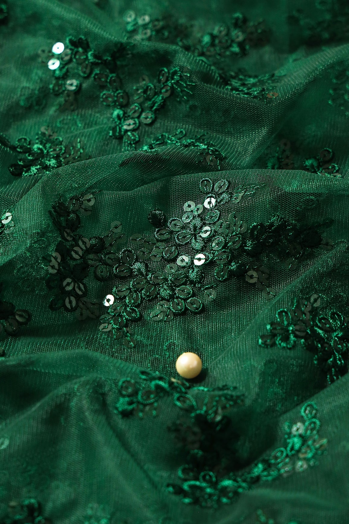Exclusive Green Thread With Sequins Abstract Embroidery Work On Bottle Green Soft Net Fabric - doeraa