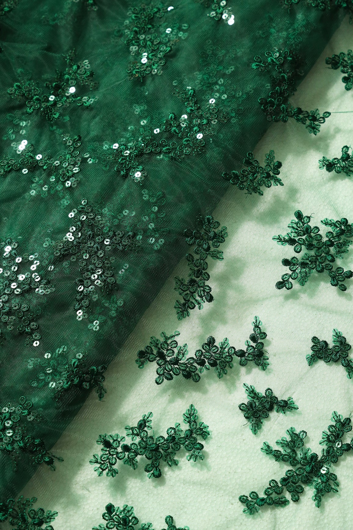 Exclusive Green Thread With Sequins Abstract Embroidery Work On Bottle Green Soft Net Fabric - doeraa