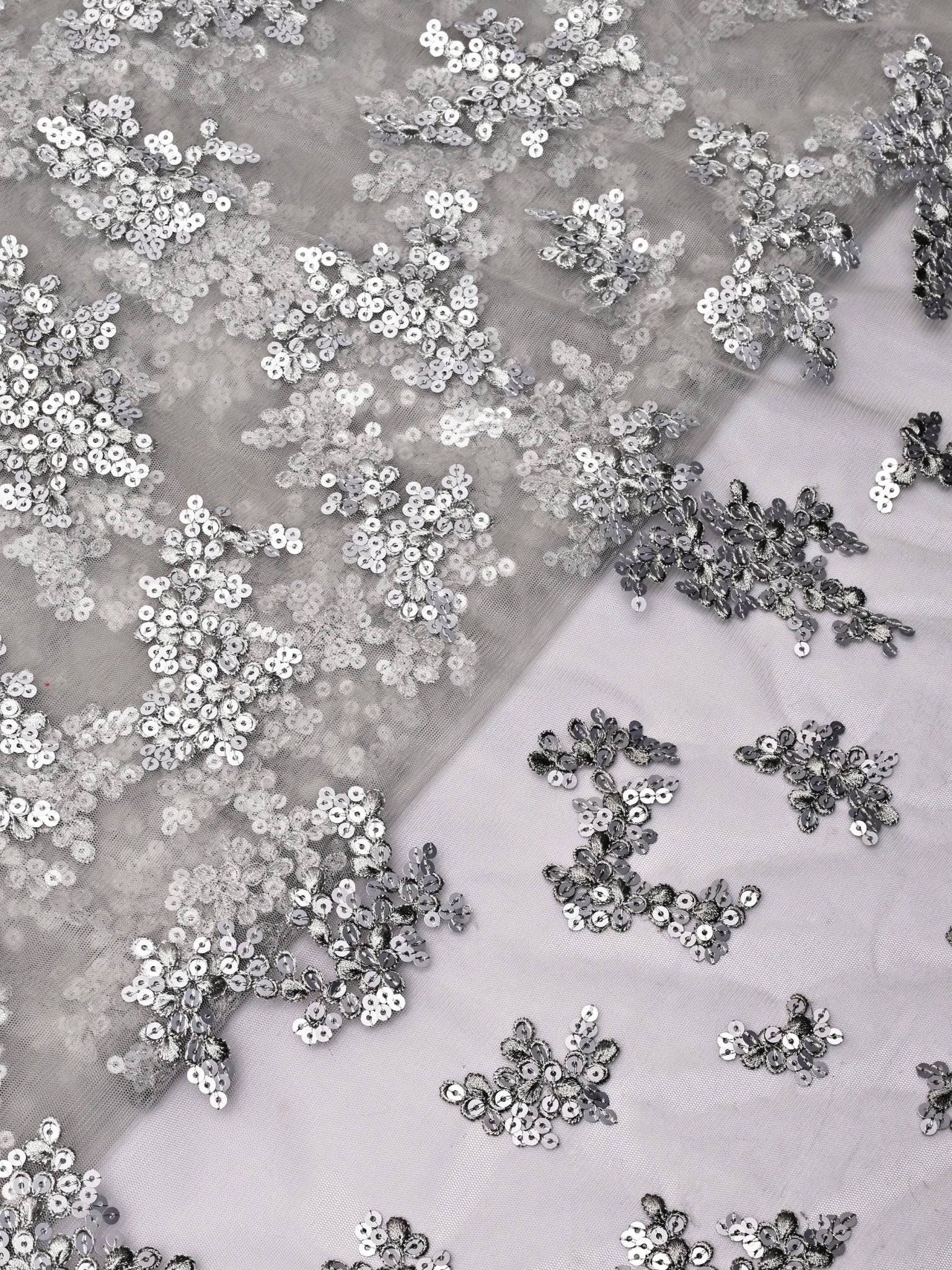 Exclusive Grey Thread With Sequins Abstract Embroidery Work On Grey Soft Net Fabric - doeraa