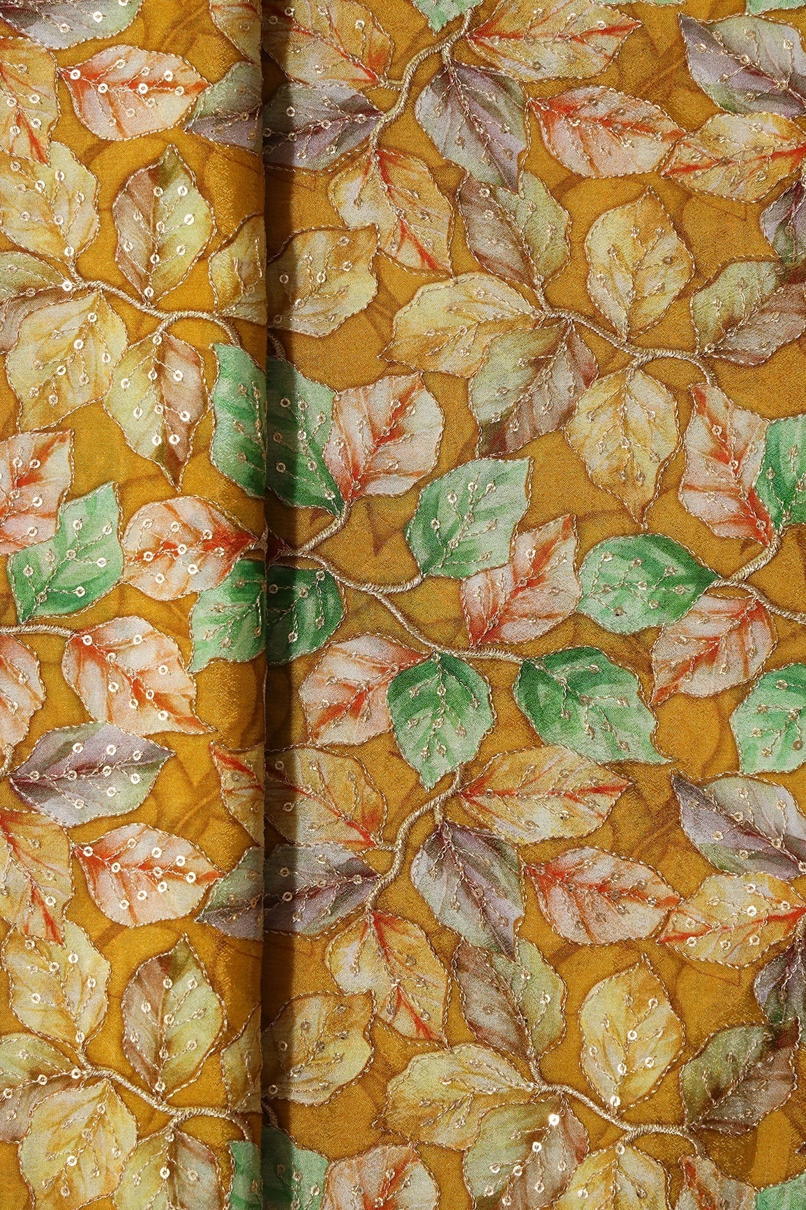 Exclusive Leafy Position Print On Sequins Embroidery Mustard Viscose Chinnon Chiffon Fabric - doeraa