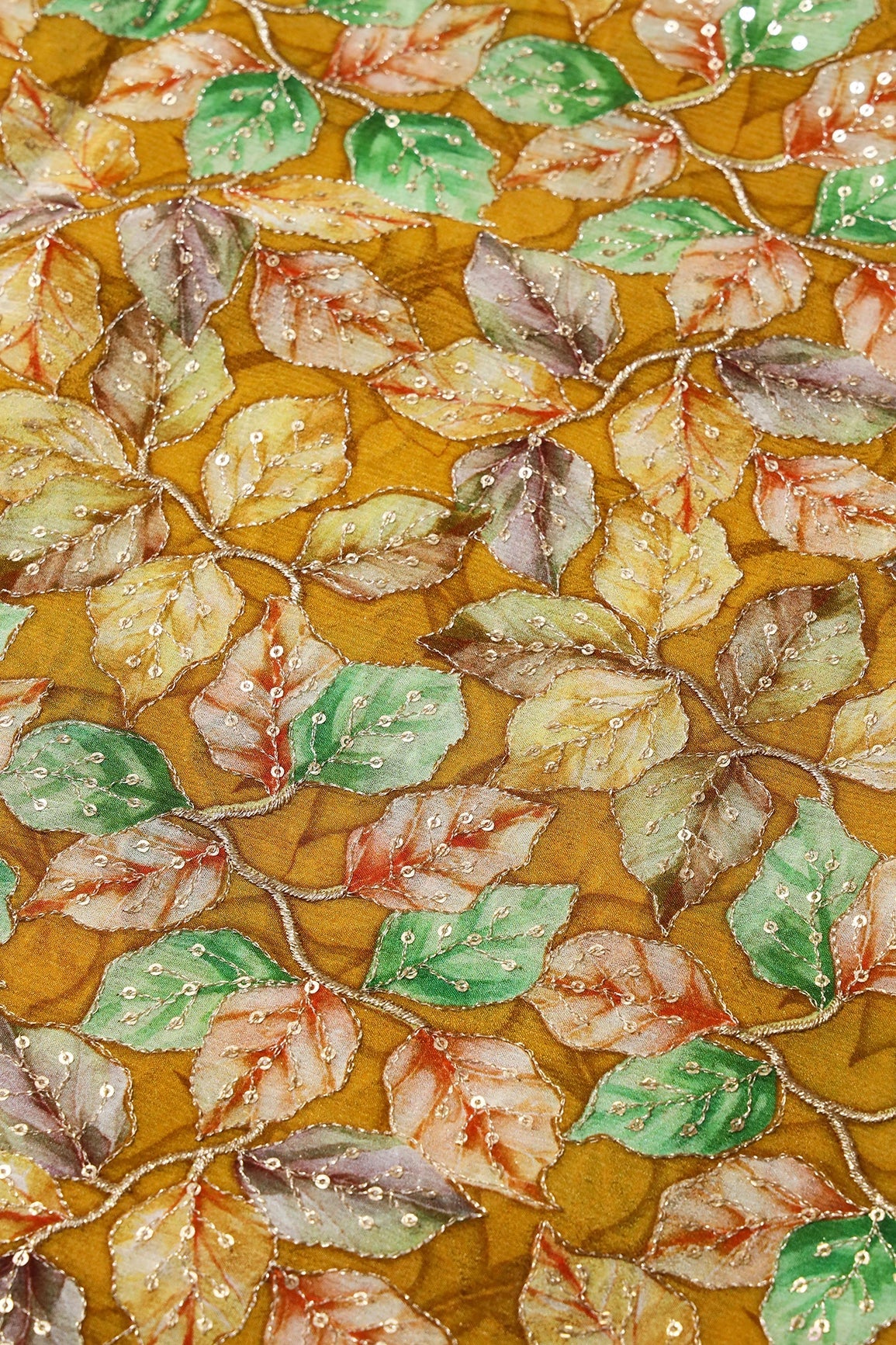 Exclusive Leafy Position Print On Sequins Embroidery Mustard Viscose Chinnon Chiffon Fabric - doeraa
