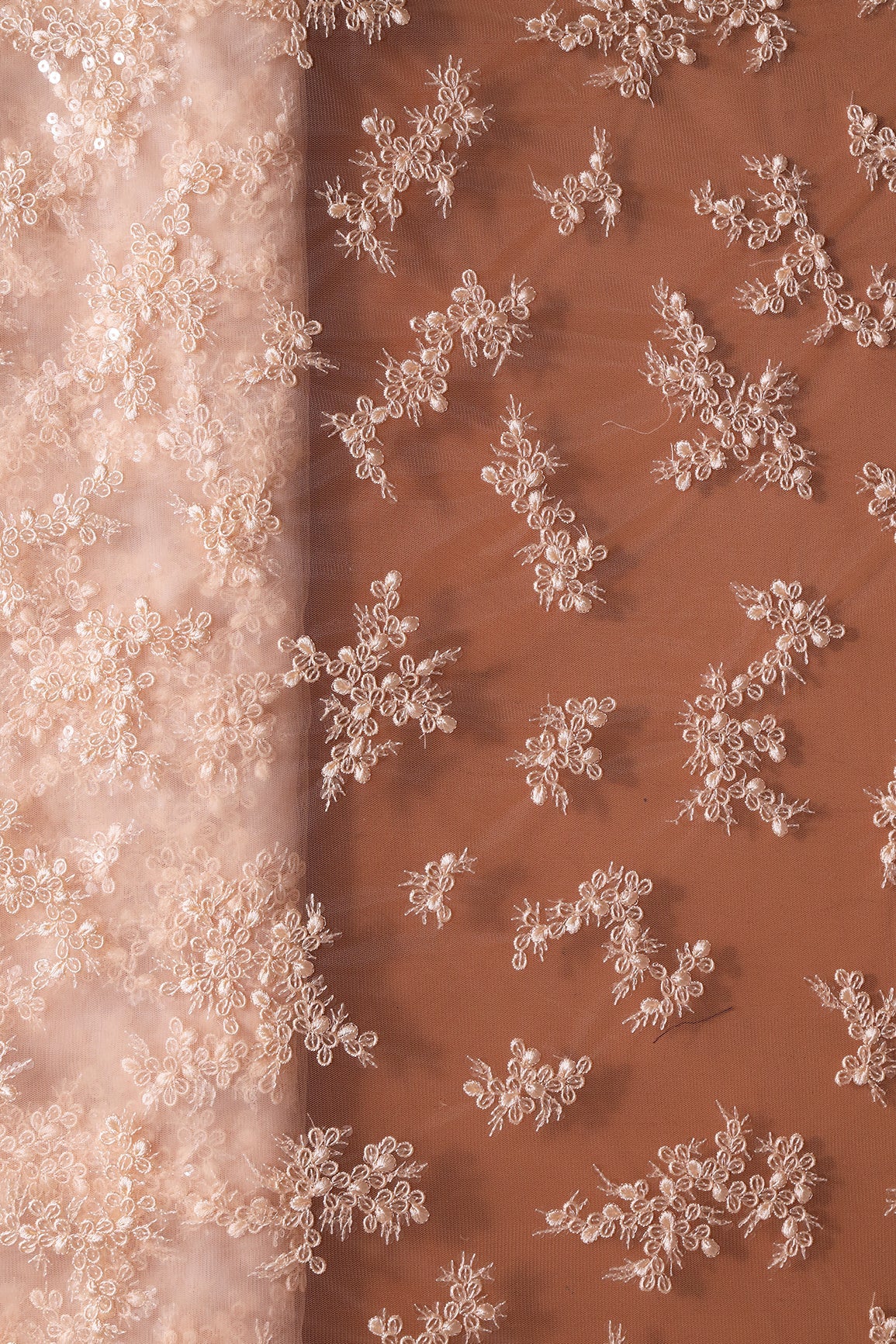 Exclusive Peach Thread With Sequins Abstract Embroidery Work On Light Peach Soft Net Fabric - doeraa