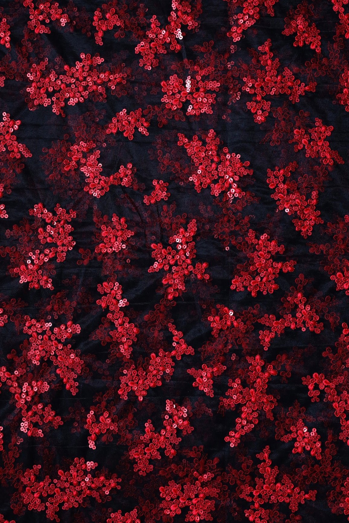Exclusive Red Thread With Sequins Abstract Embroidery Work On Black Soft Net Fabric - doeraa