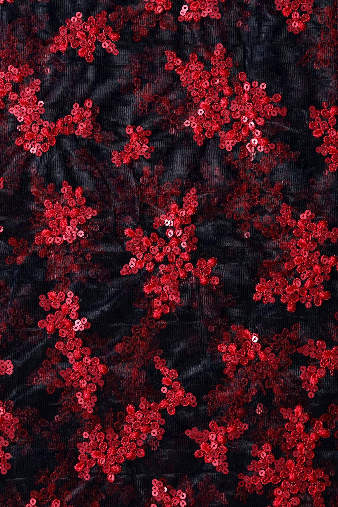 Exclusive Red Thread With Sequins Abstract Embroidery Work On Black Soft Net Fabric - doeraa