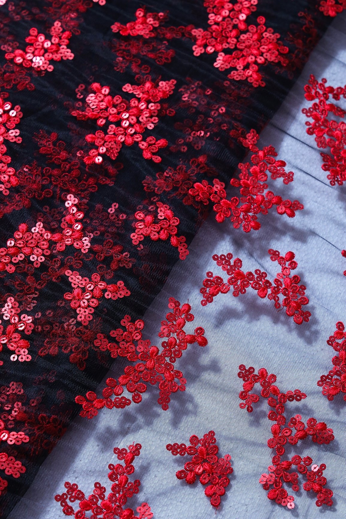Exclusive Red Thread With Sequins Abstract Embroidery Work On Black Soft Net Fabric - doeraa
