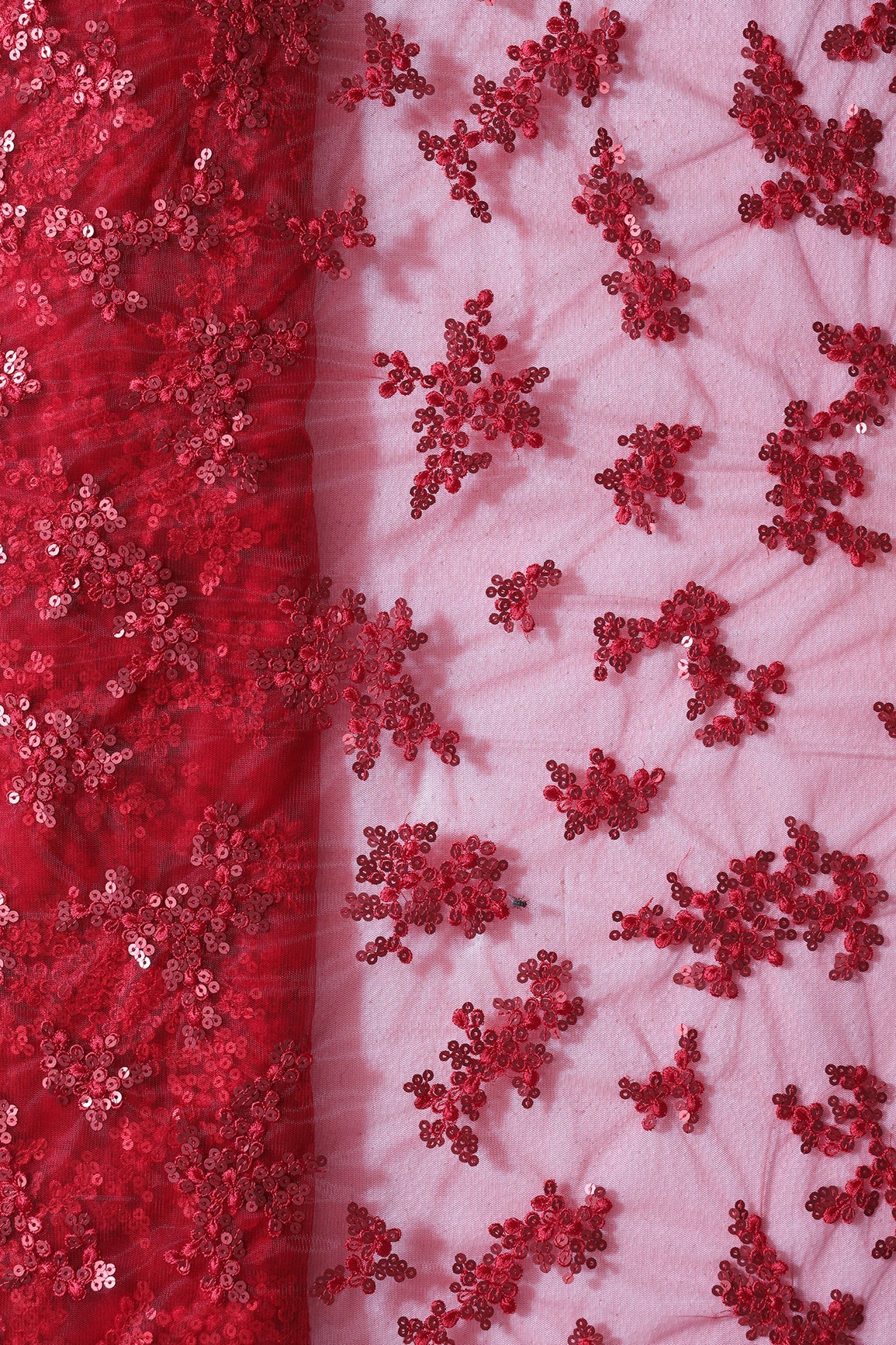 Exclusive Red Thread With Sequins Abstract Embroidery Work On Red Soft Net Fabric - doeraa
