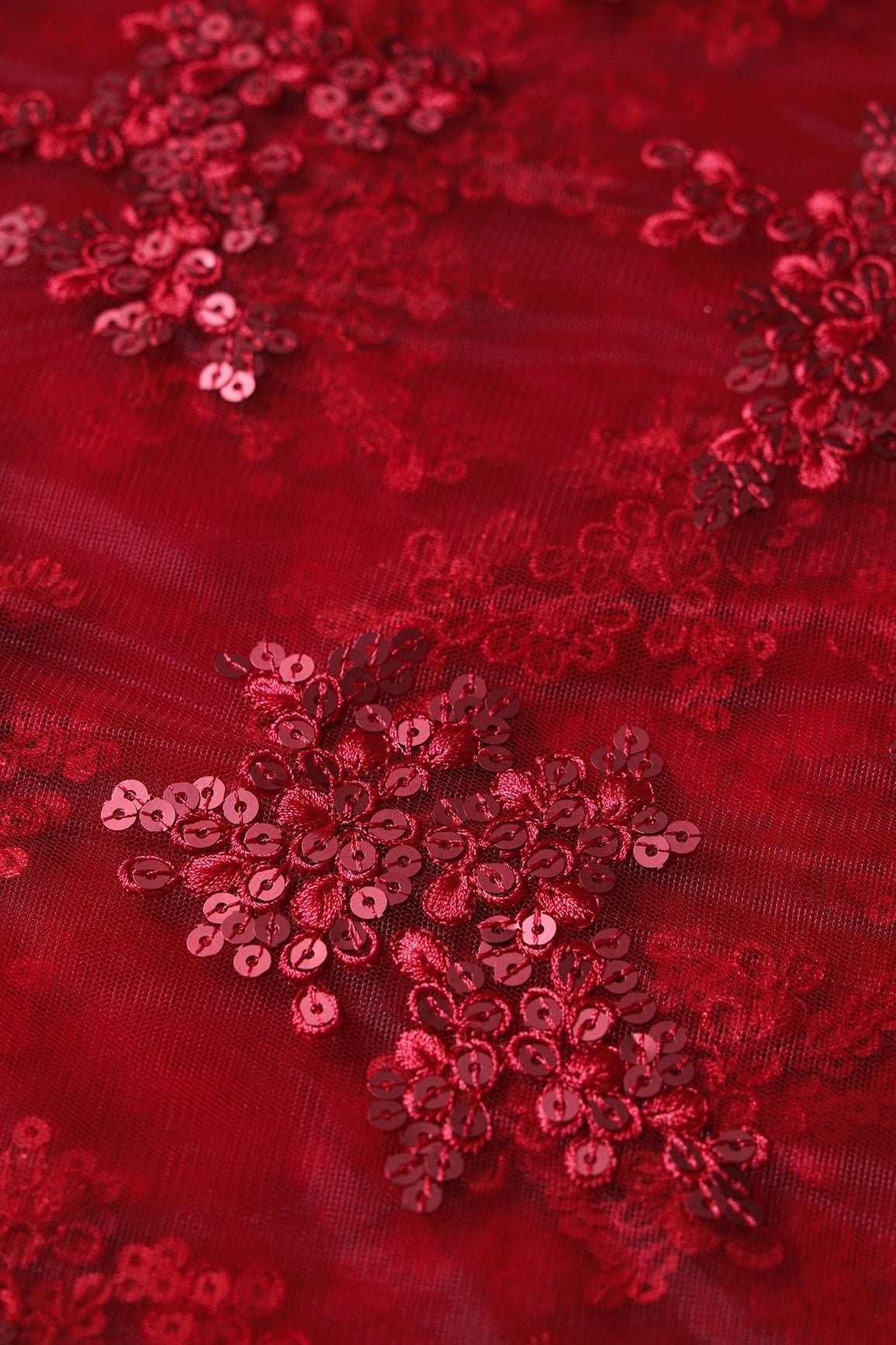 Exclusive Red Thread With Sequins Abstract Embroidery Work On Red Soft Net Fabric - doeraa