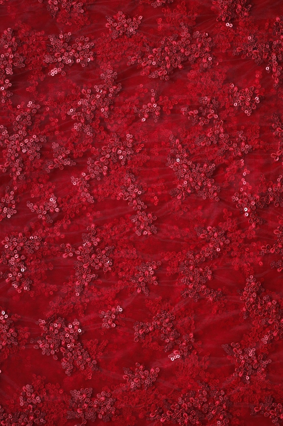 Exclusive Red Thread With Sequins Abstract Embroidery Work On Red Soft Net Fabric - doeraa