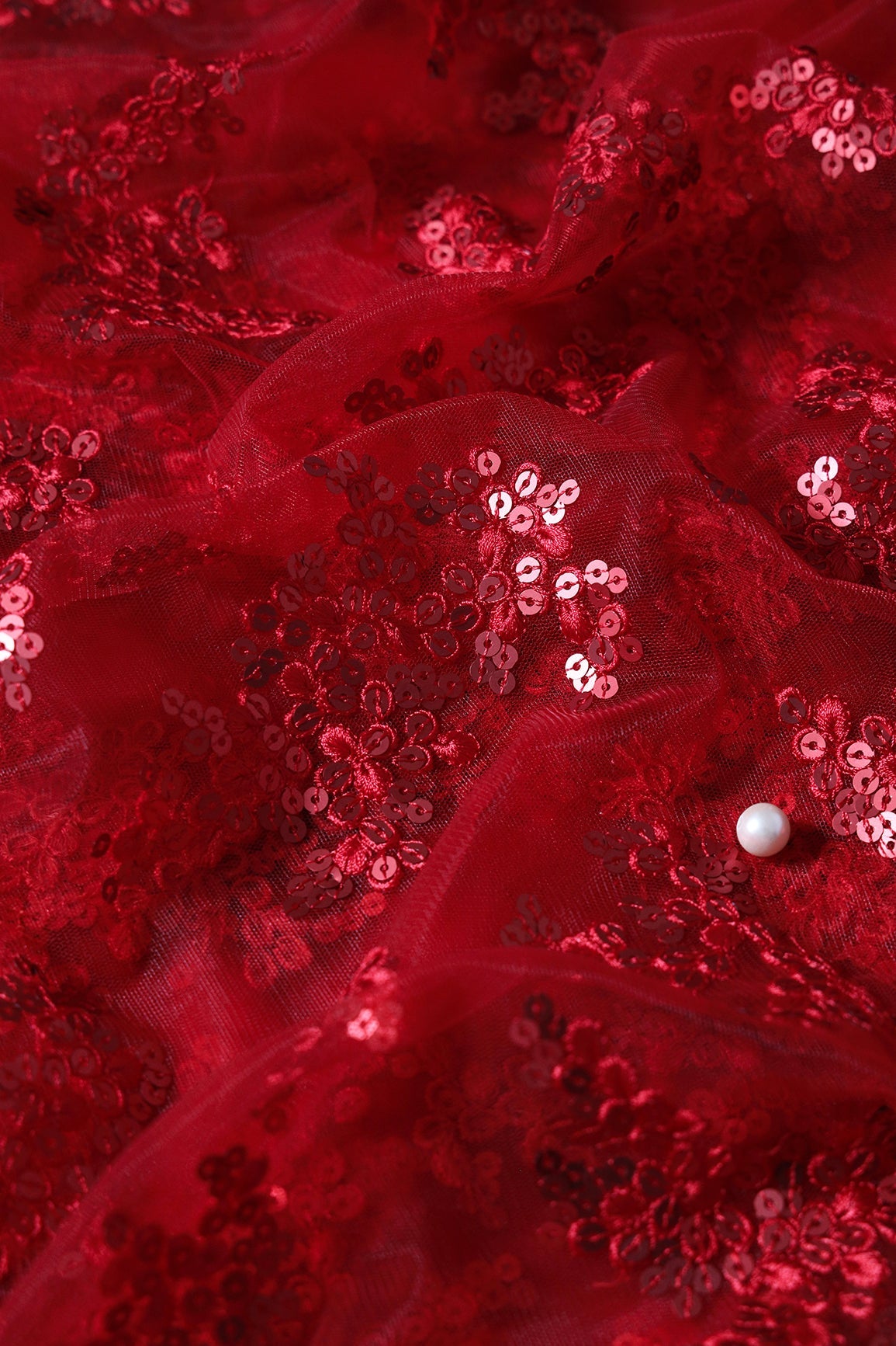 Exclusive Red Thread With Sequins Abstract Embroidery Work On Red Soft Net Fabric - doeraa