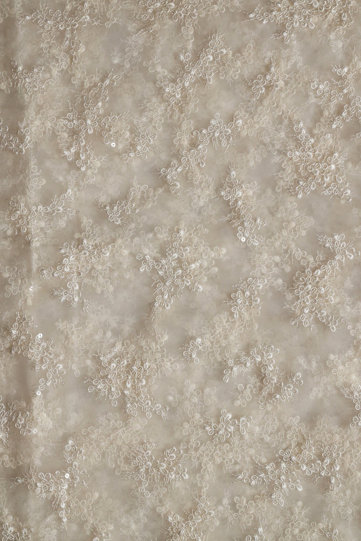 Exclusive White Thread With Sequins Abstract Embroidery Work On Dyeable White Soft Net Fabric - doeraa