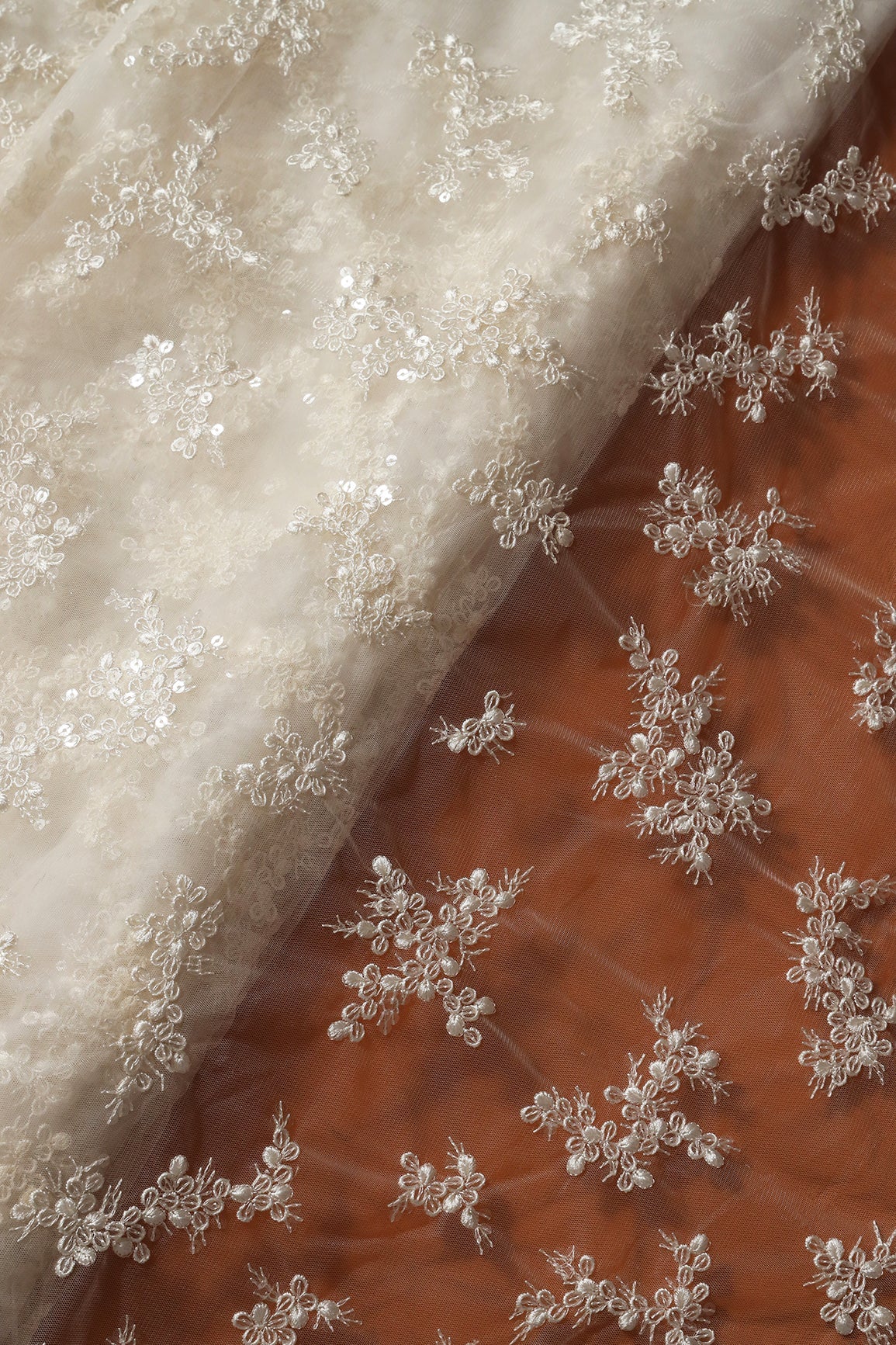 Exclusive White Thread With Sequins Abstract Embroidery Work On Dyeable White Soft Net Fabric - doeraa