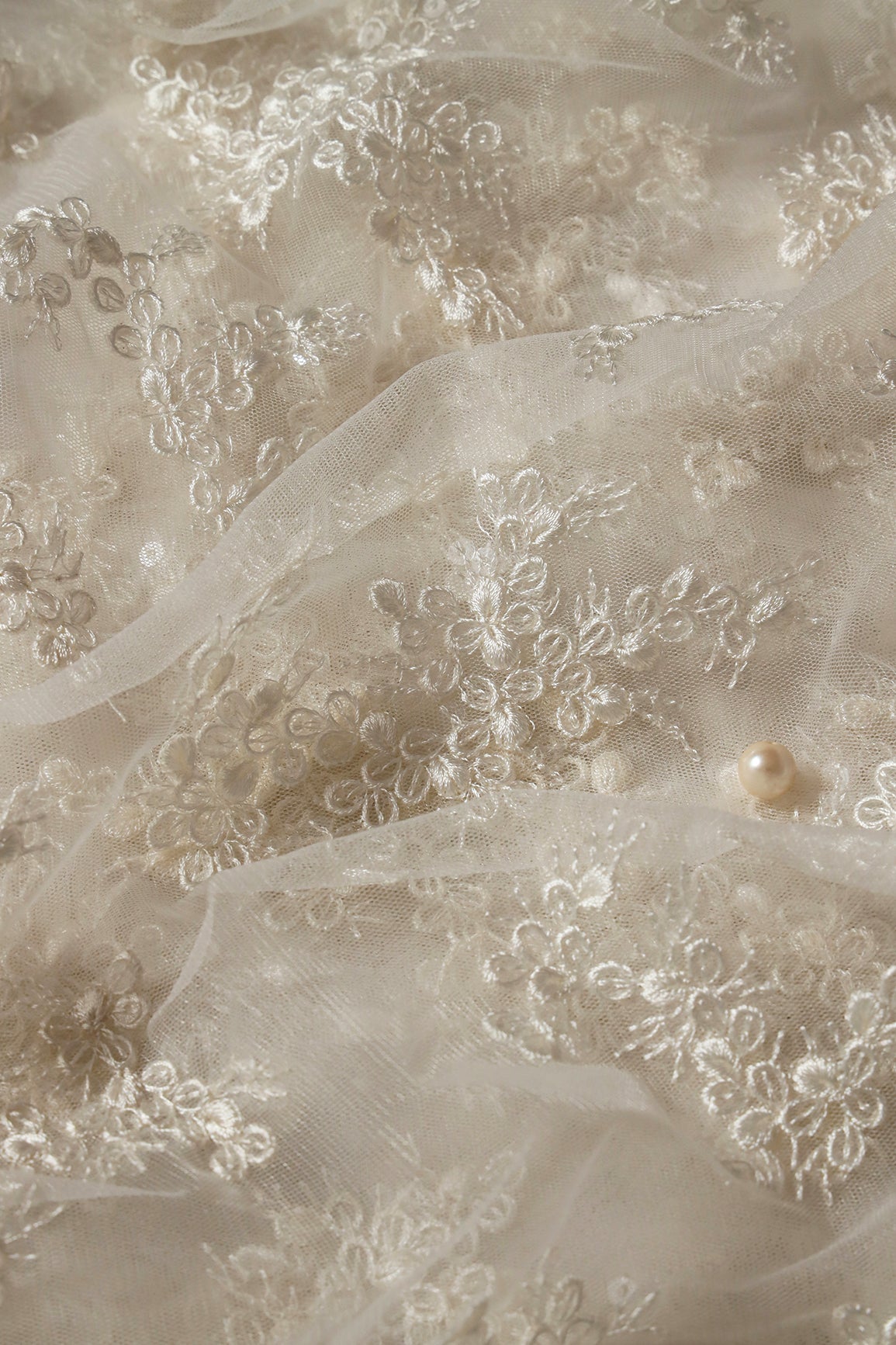 Exclusive White Thread With Sequins Abstract Embroidery Work On Dyeable White Soft Net Fabric - doeraa