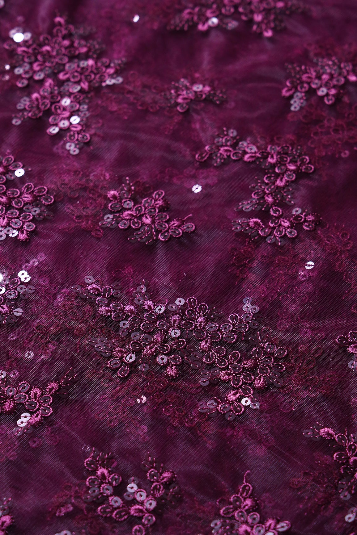 Exclusive Wine Thread With Sequins Abstract Embroidery Work On Wine Soft Net Fabric - doeraa