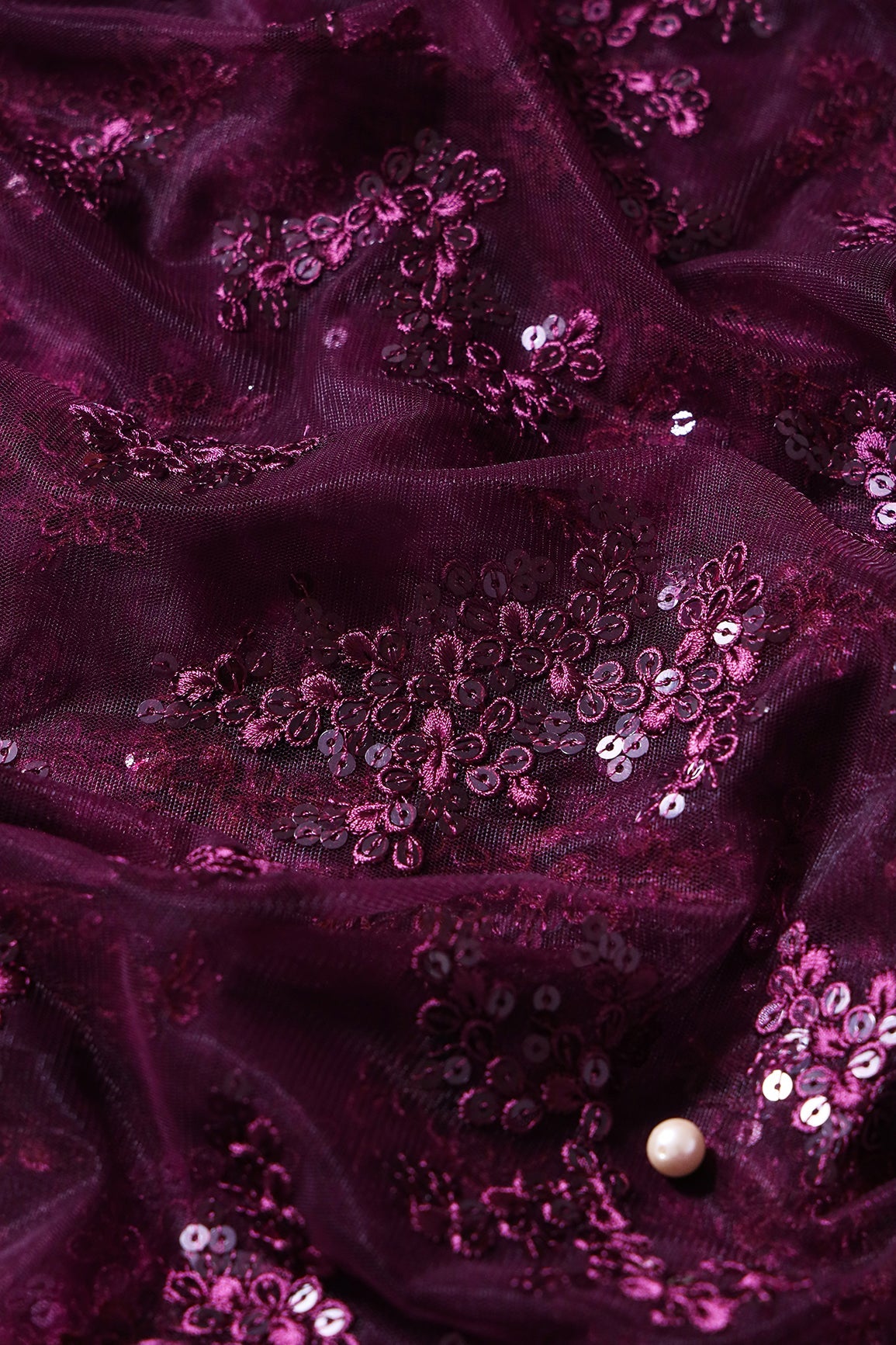 Exclusive Wine Thread With Sequins Abstract Embroidery Work On Wine Soft Net Fabric - doeraa