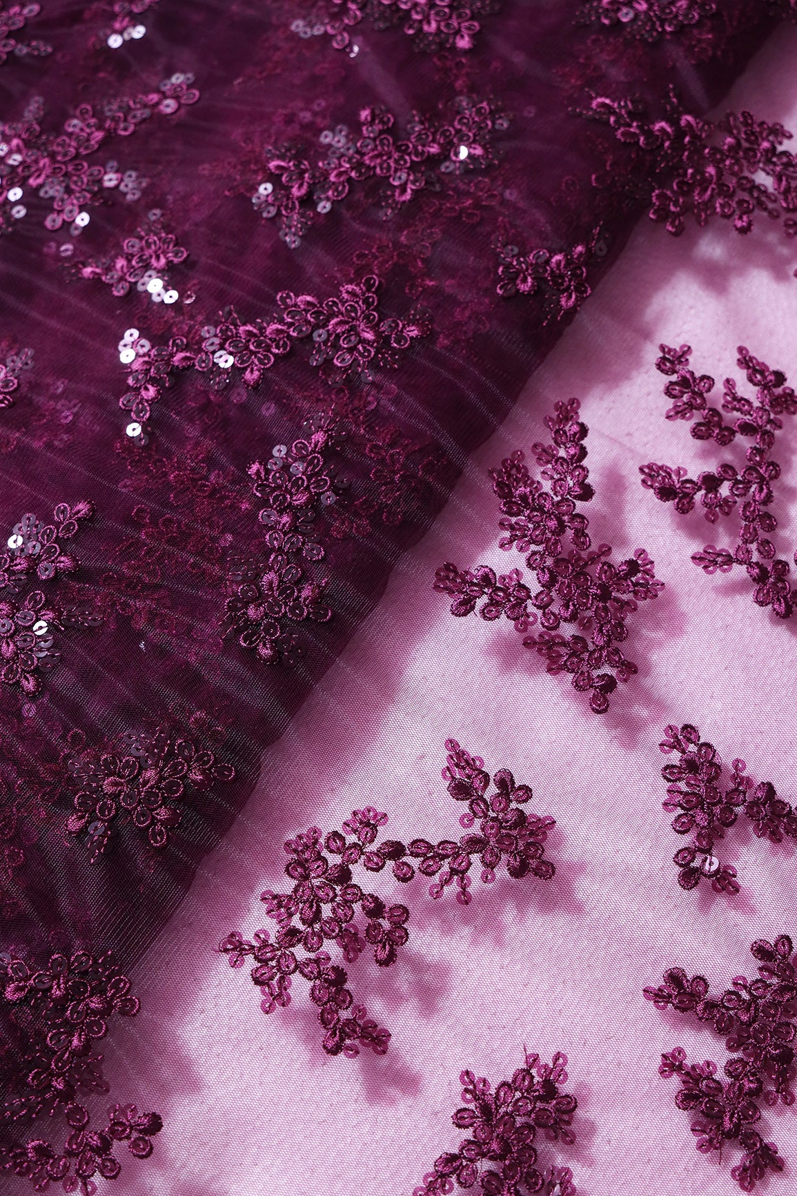 Exclusive Wine Thread With Sequins Abstract Embroidery Work On Wine Soft Net Fabric - doeraa