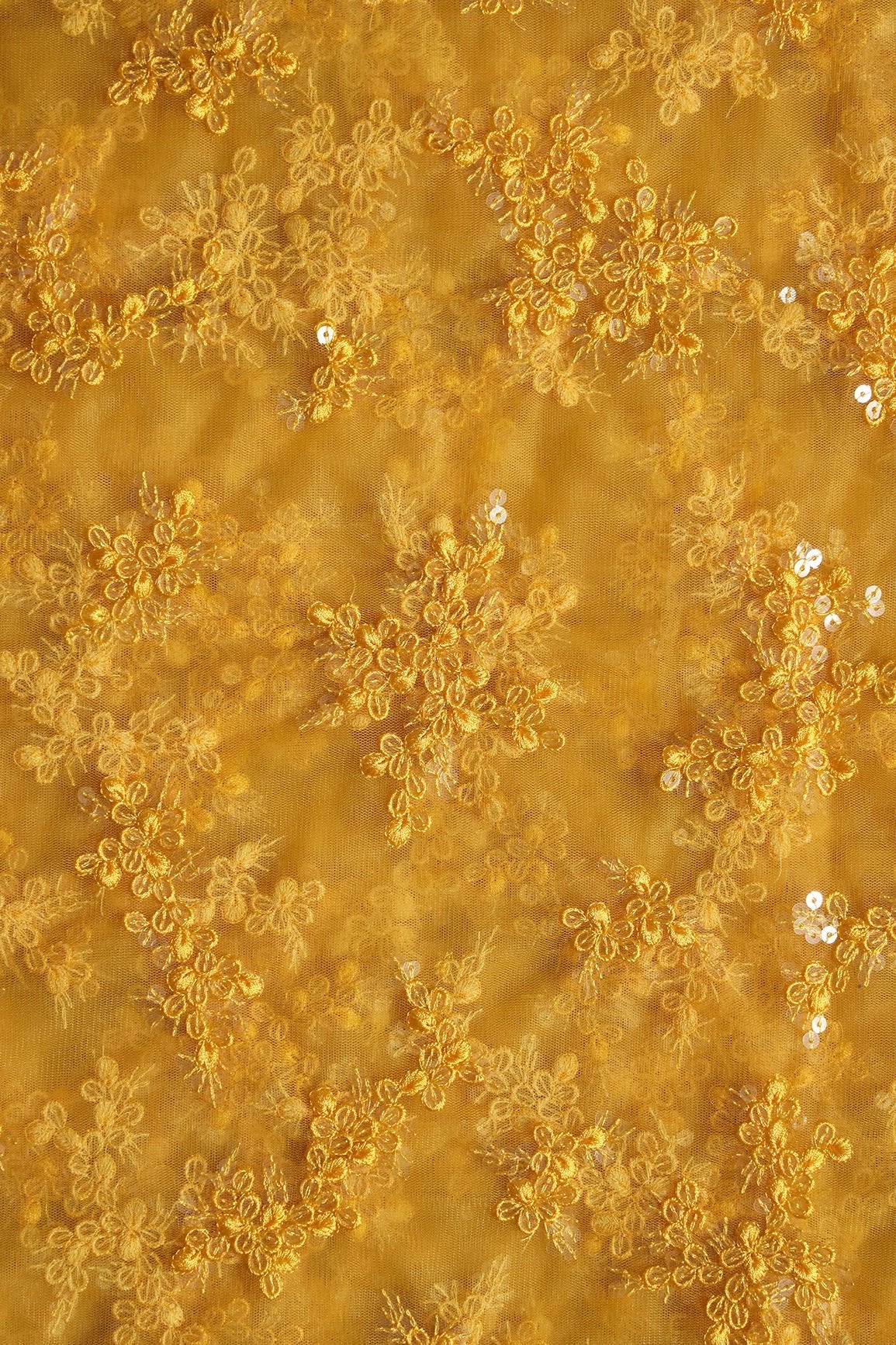 Exclusive Yellow Thread With Sequins Abstract Embroidery Work On Mustard Yellow Soft Net Fabric - doeraa